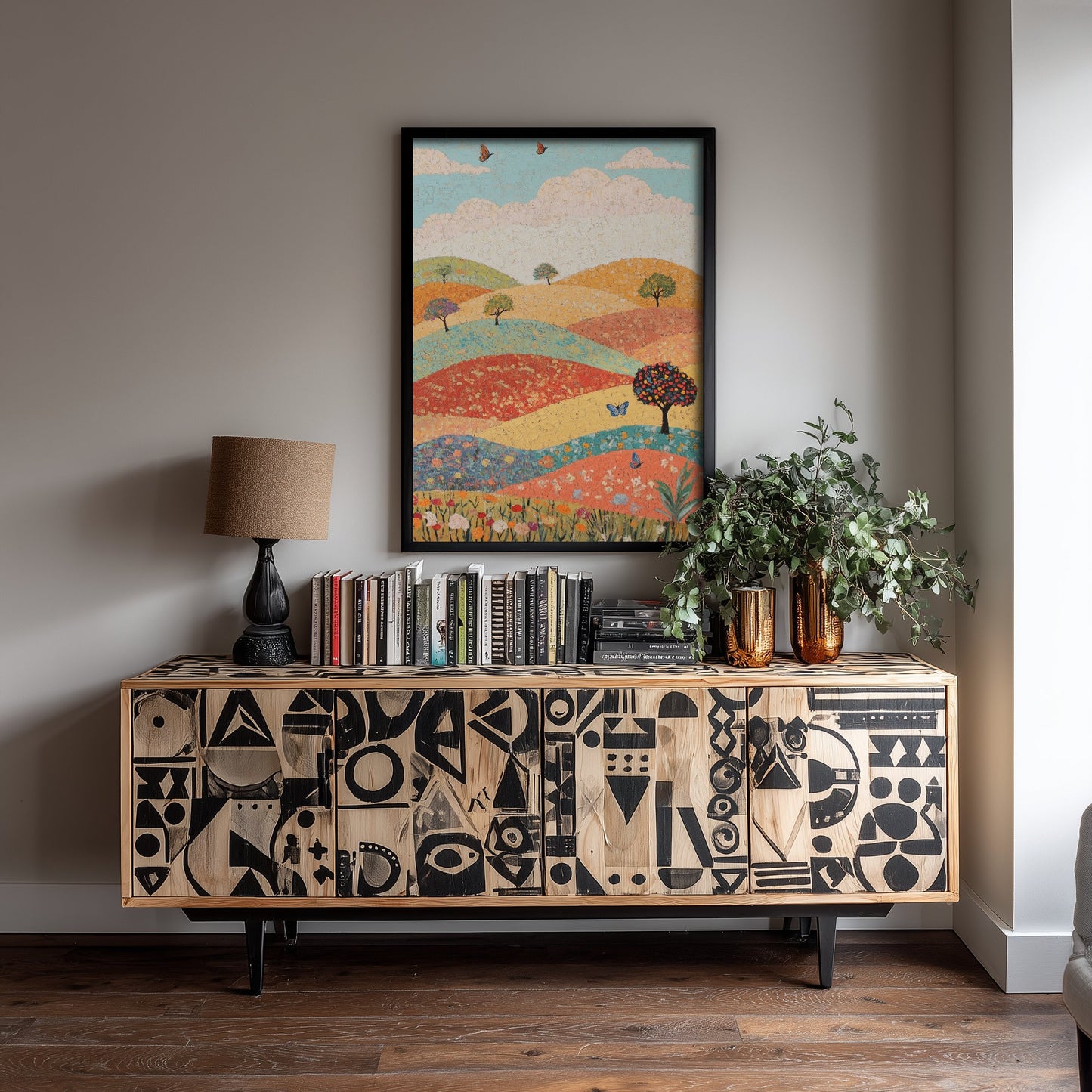 Rolling Hills Landscape Art Print - Butterfly Meadow Poster - Folk Art Painting - Pistachio Mahogany and Breeze 2/3