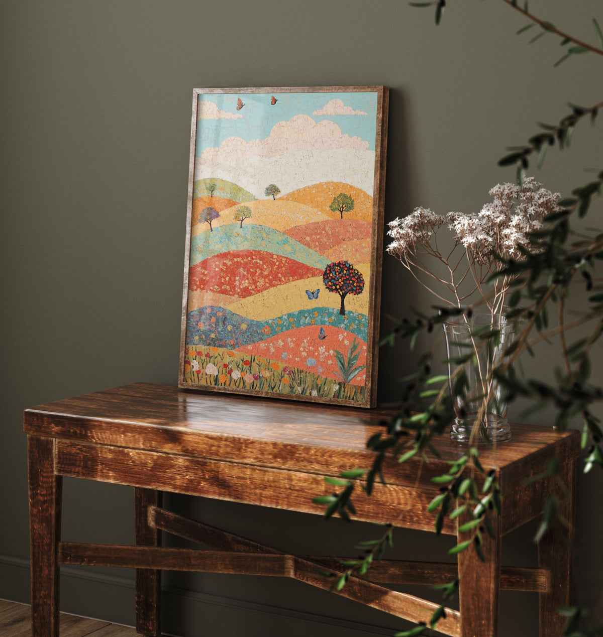 Rolling Hills Landscape Art Print - Butterfly Meadow Poster - Folk Art Painting - Pistachio Mahogany and Breeze 2/3