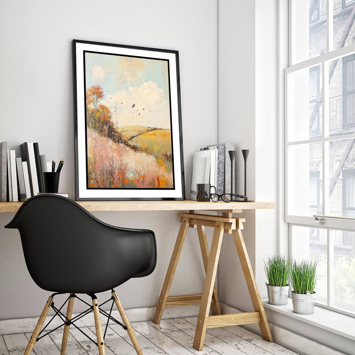 Rolling Hills Landscape Art Print - Butterfly Meadow Poster - Folk Art Painting - Pistachio Mahogany and Breeze 3/3