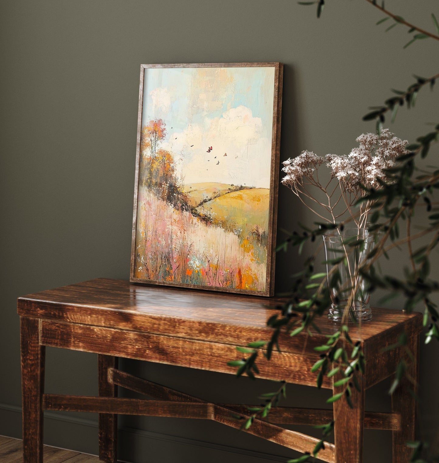 Rolling Hills Landscape Art Print - Butterfly Meadow Poster - Folk Art Painting - Pistachio Mahogany and Breeze 3/3