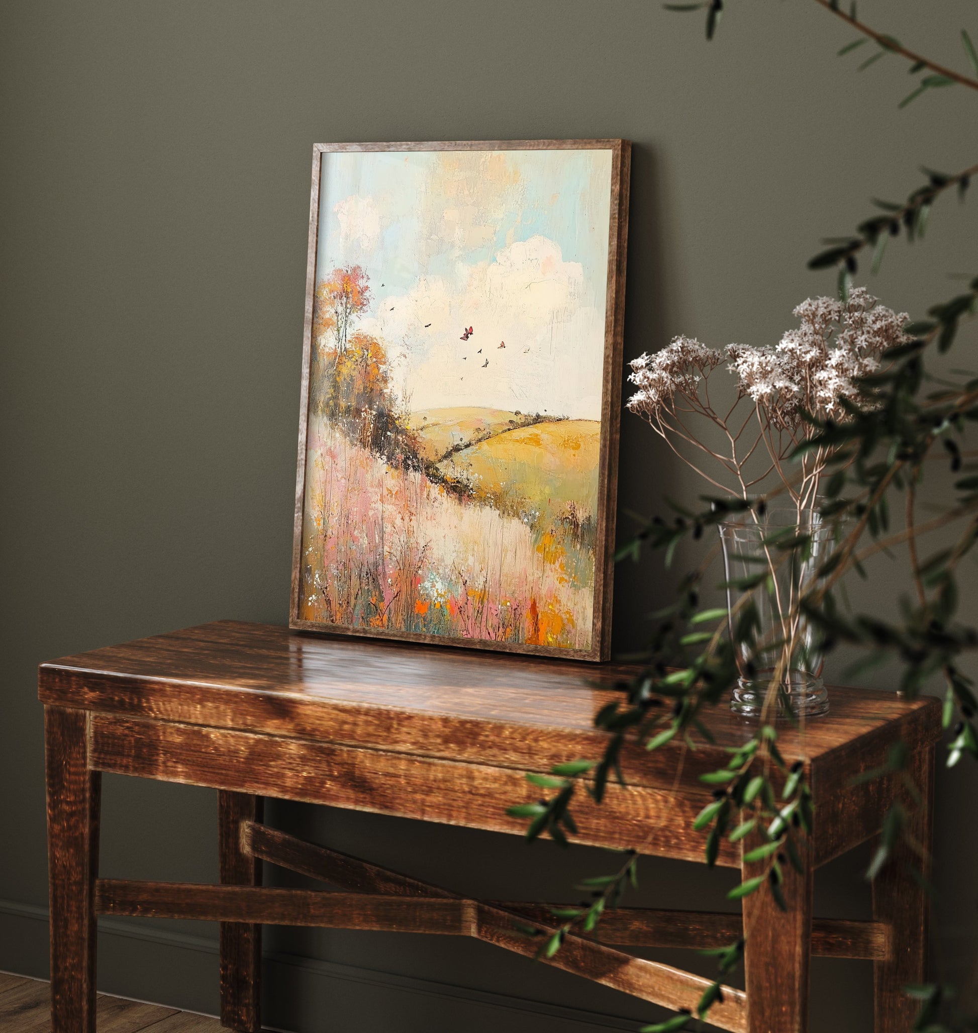 Rolling Hills Landscape Art Print - Butterfly Meadow Poster - Folk Art Painting - Pistachio Mahogany and Breeze 3/3
