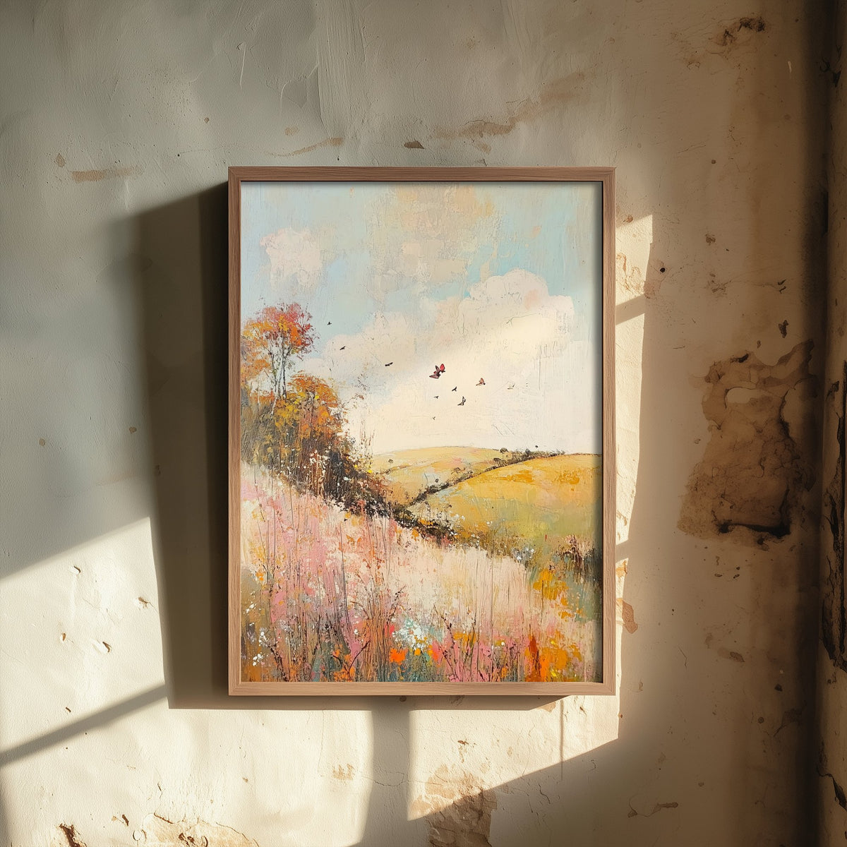 Rolling Hills Landscape Art Print - Butterfly Meadow Poster - Folk Art Painting - Pistachio Mahogany and Breeze 3/3
