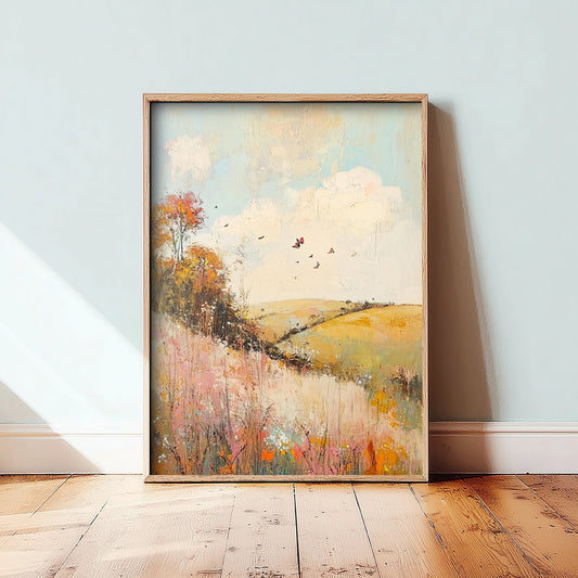 Rolling Hills Landscape Art Print - Butterfly Meadow Poster - Folk Art Painting - Pistachio Mahogany and Breeze 3/3