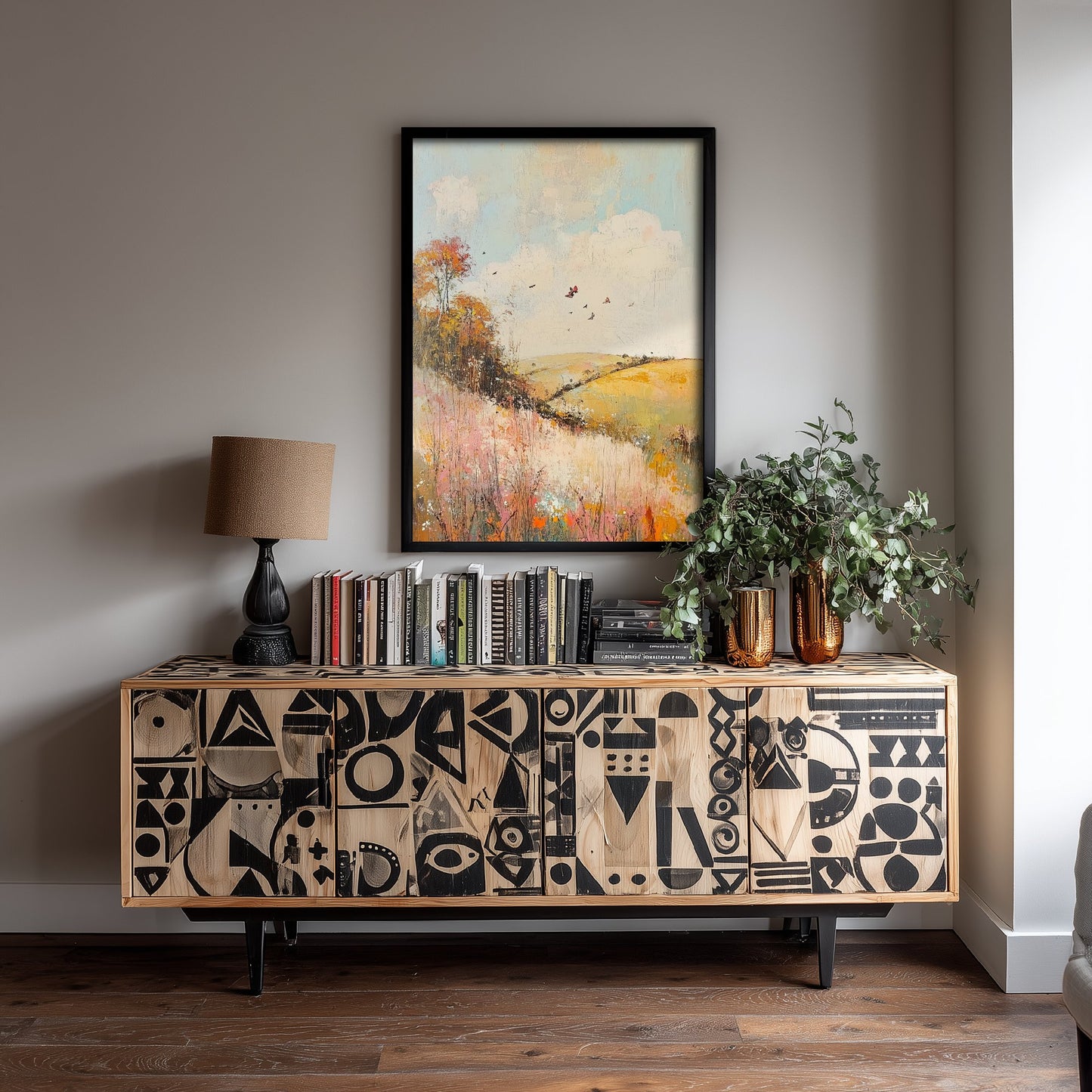 Rolling Hills Landscape Art Print - Butterfly Meadow Poster - Folk Art Painting - Pistachio Mahogany and Breeze 3/3