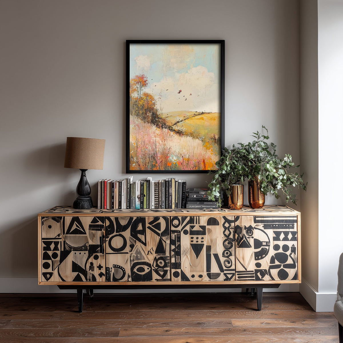 Rolling Hills Landscape Art Print - Butterfly Meadow Poster - Folk Art Painting - Pistachio Mahogany and Breeze 3/3