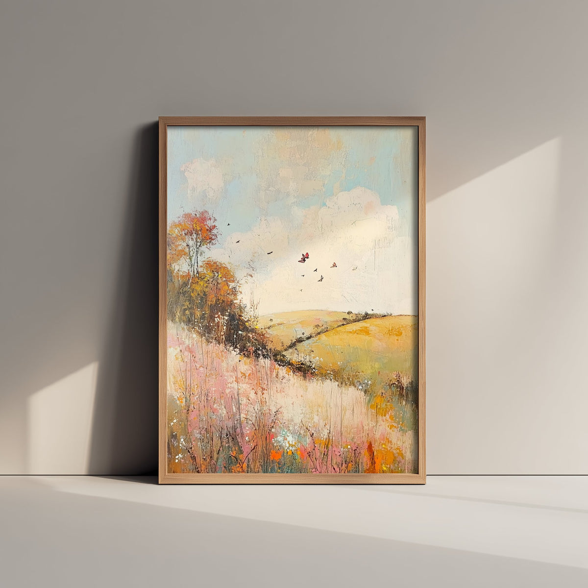 Rolling Hills Landscape Art Print - Butterfly Meadow Poster - Folk Art Painting - Pistachio Mahogany and Breeze 3/3