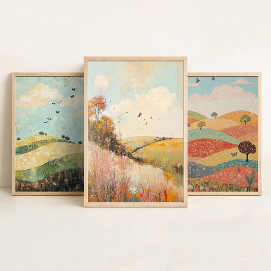 Rolling Hills Butterfly Set of Three Art Prints - Pistachio Mahogany and Breeze - Folk Meadow Poster Illustration Gift