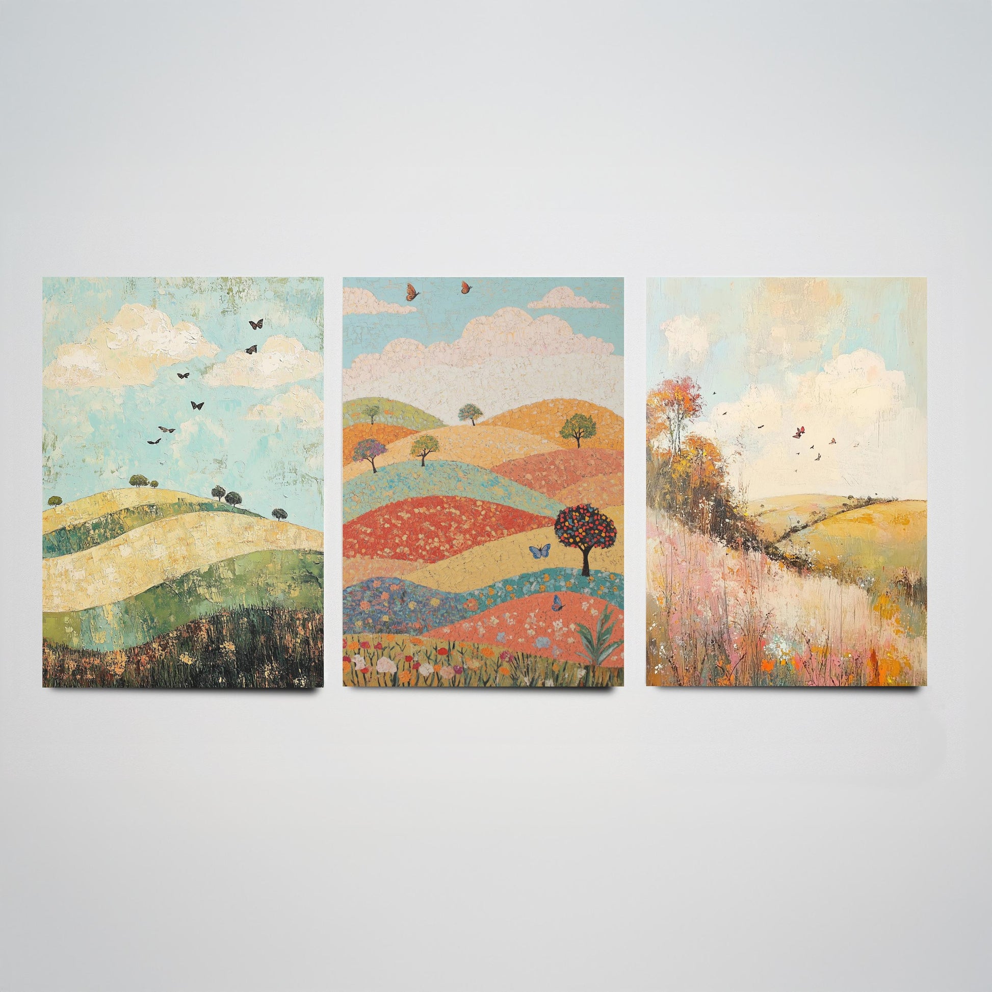 Rolling Hills Butterfly Set of Three Art Prints - Pistachio Mahogany and Breeze - Folk Meadow Poster Illustration Gift