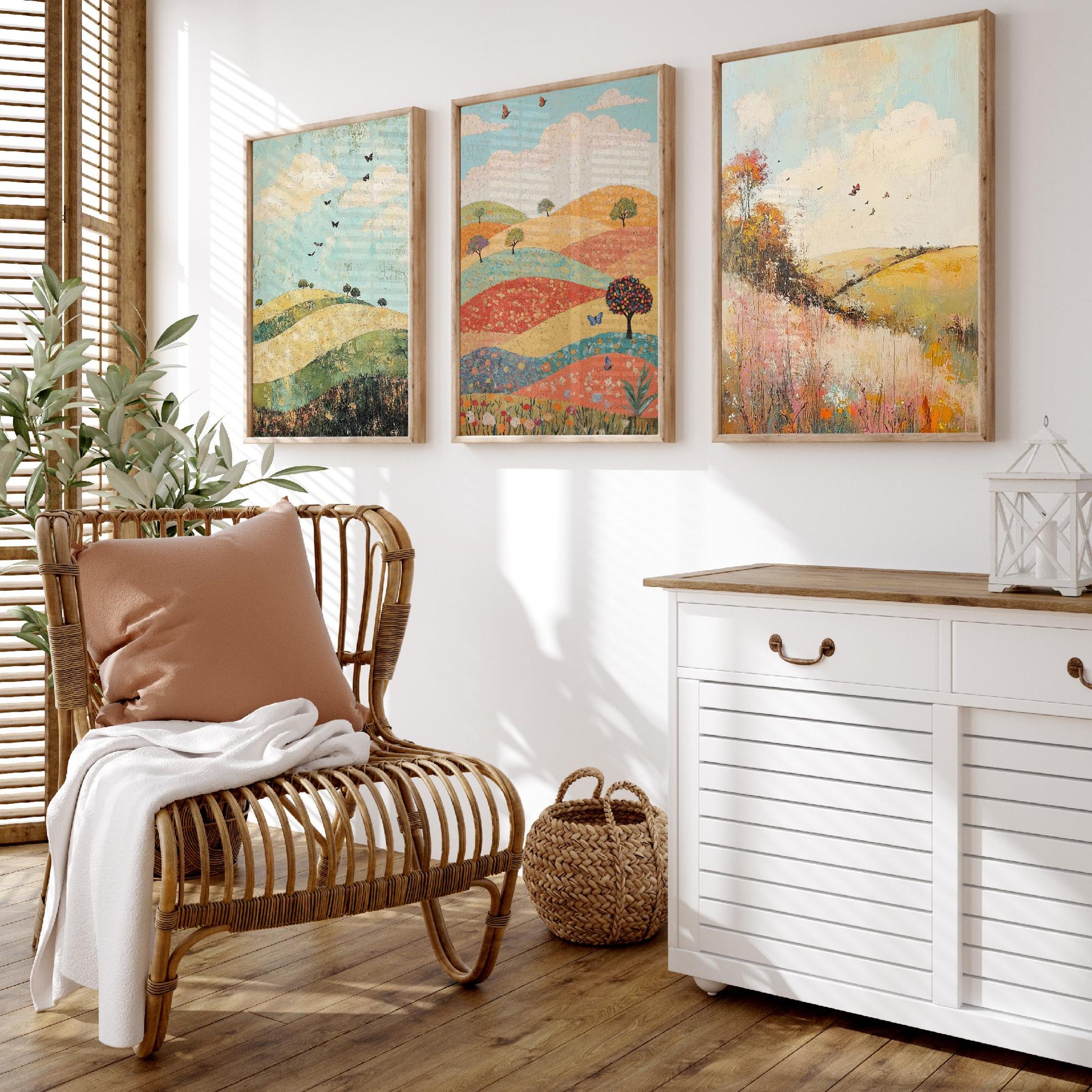 Rolling Hills Butterfly Set of Three Art Prints - Pistachio Mahogany and Breeze - Folk Meadow Poster Illustration Gift
