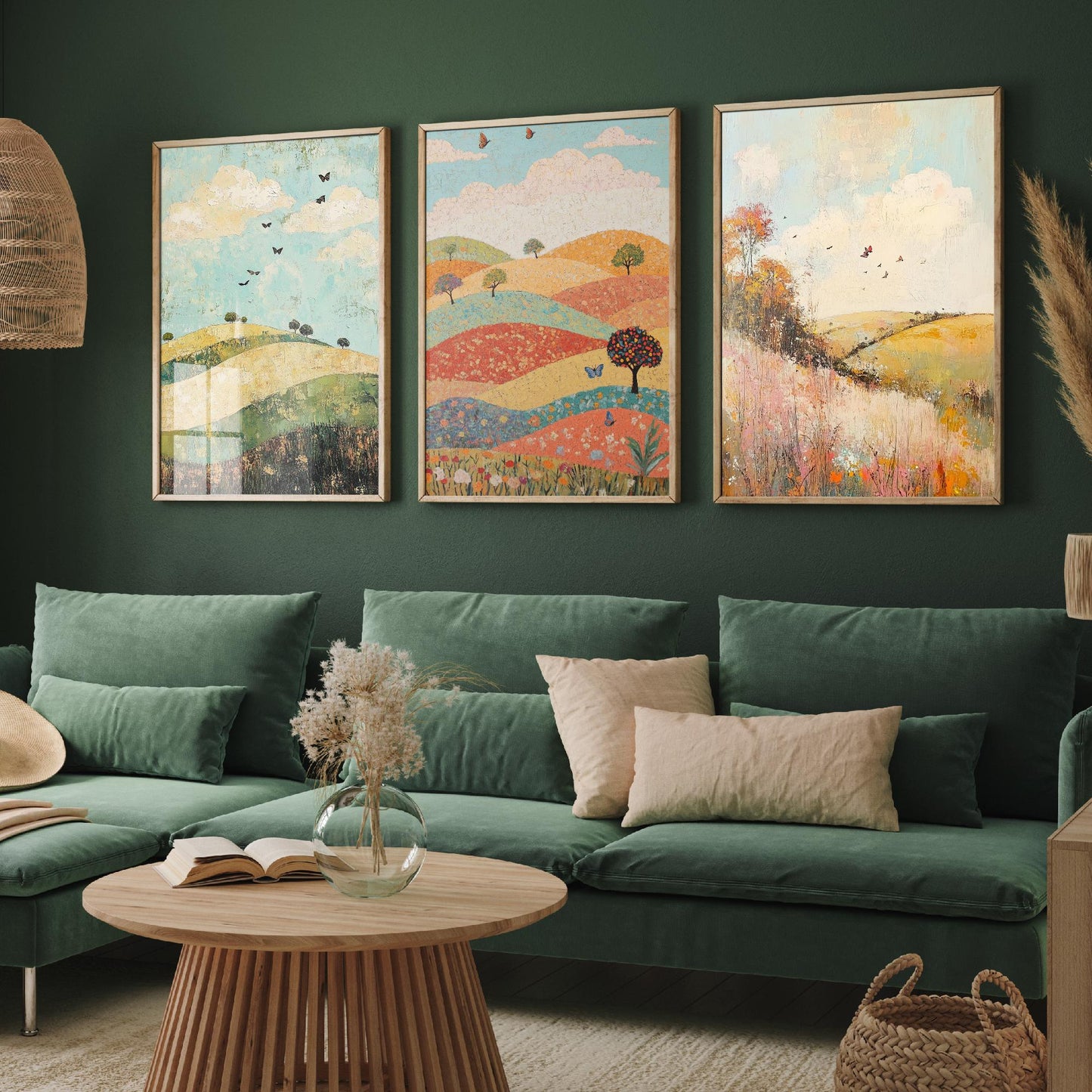 Rolling Hills Butterfly Set of Three Art Prints - Pistachio Mahogany and Breeze - Folk Meadow Poster Illustration Gift