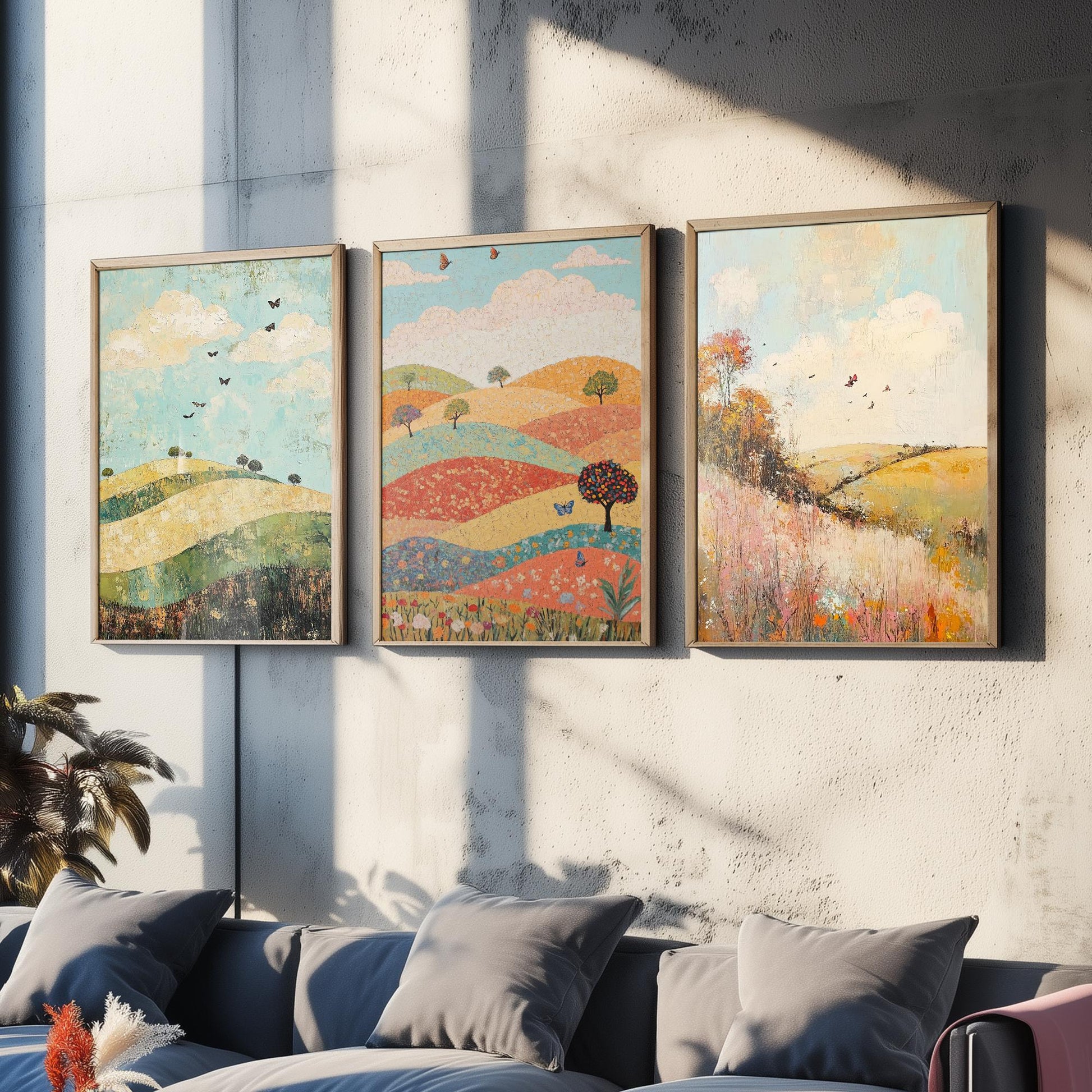 Rolling Hills Butterfly Set of Three Art Prints - Pistachio Mahogany and Breeze - Folk Meadow Poster Illustration Gift