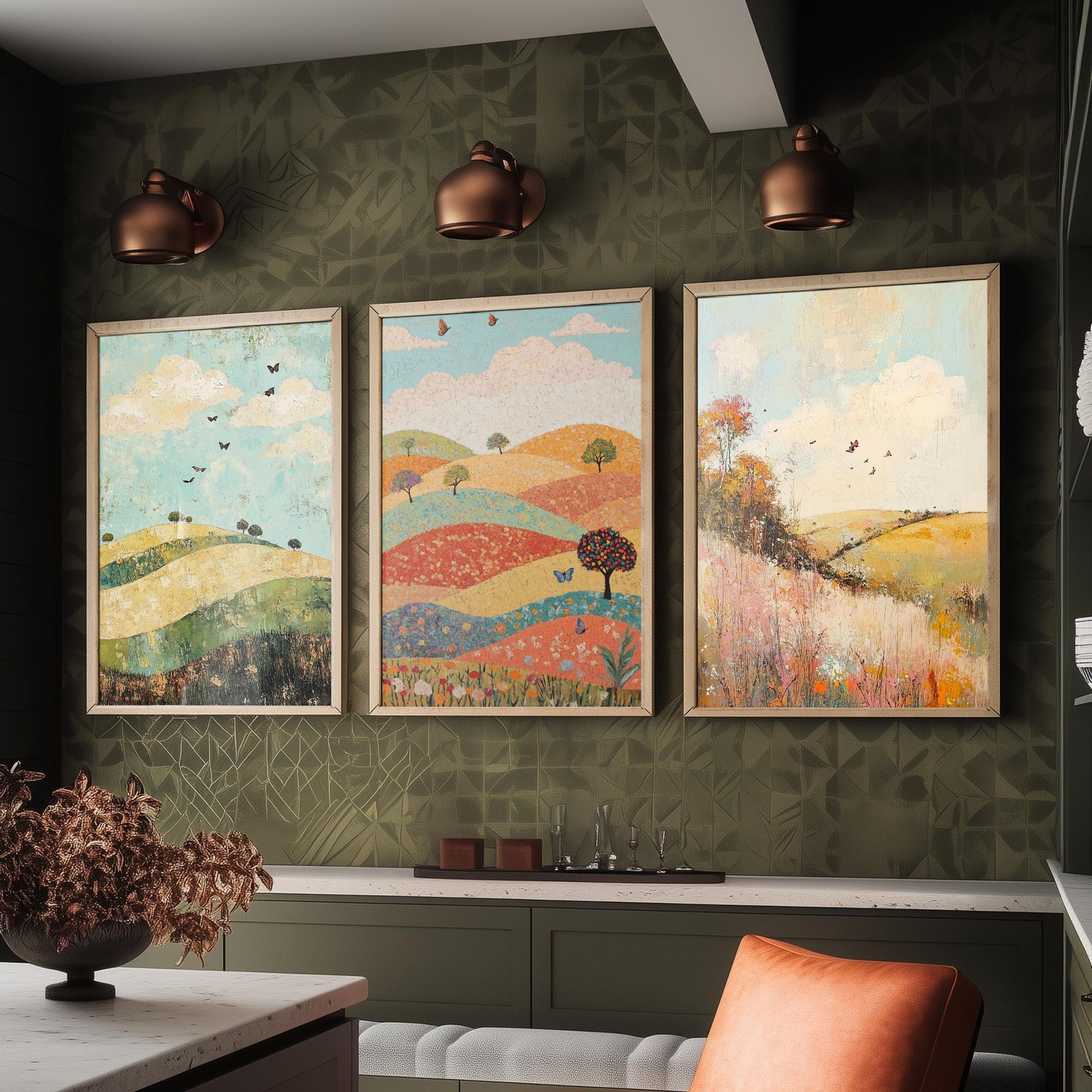 Rolling Hills Butterfly Set of Three Art Prints - Pistachio Mahogany and Breeze - Folk Meadow Poster Illustration Gift