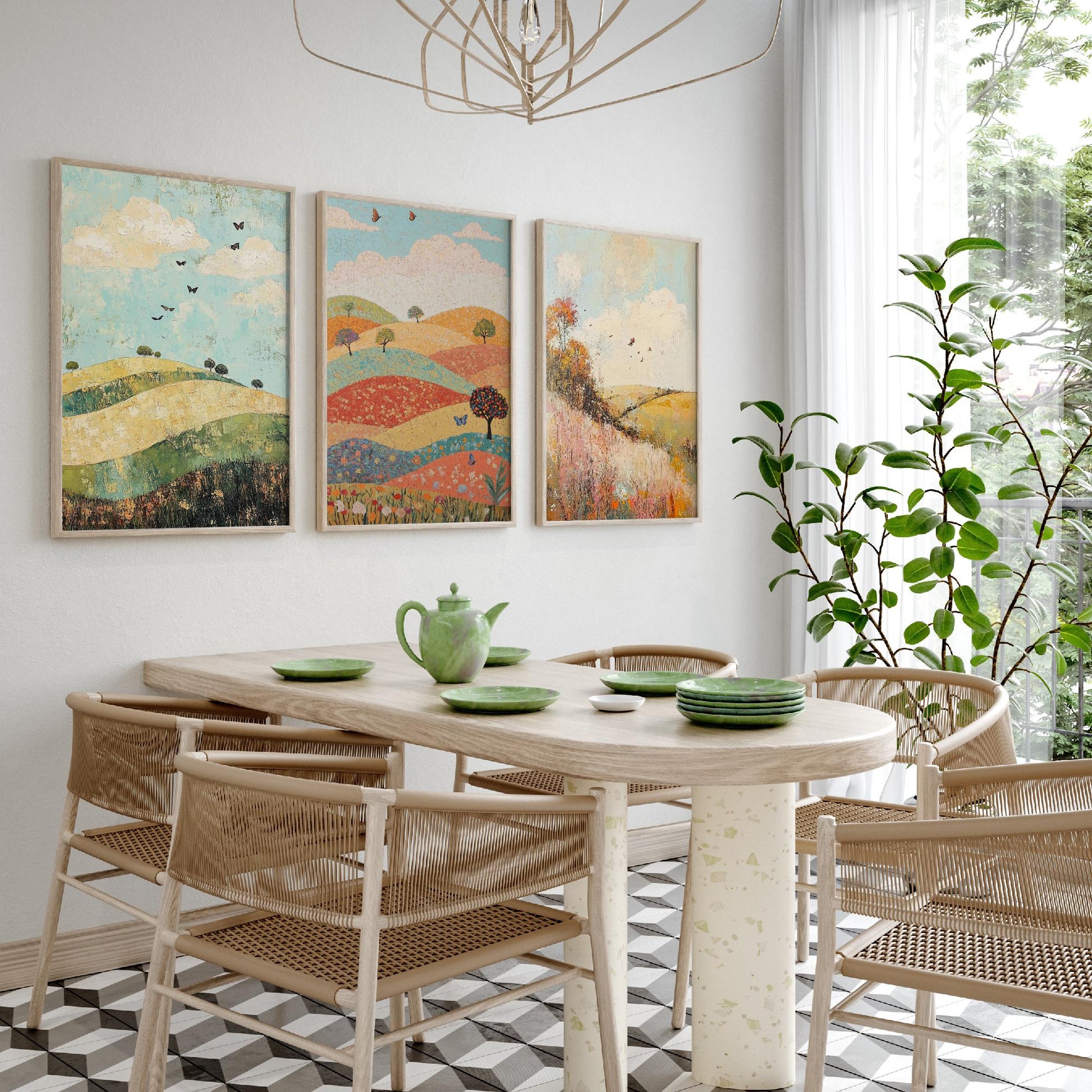 Rolling Hills Butterfly Set of Three Art Prints - Pistachio Mahogany and Breeze - Folk Meadow Poster Illustration Gift