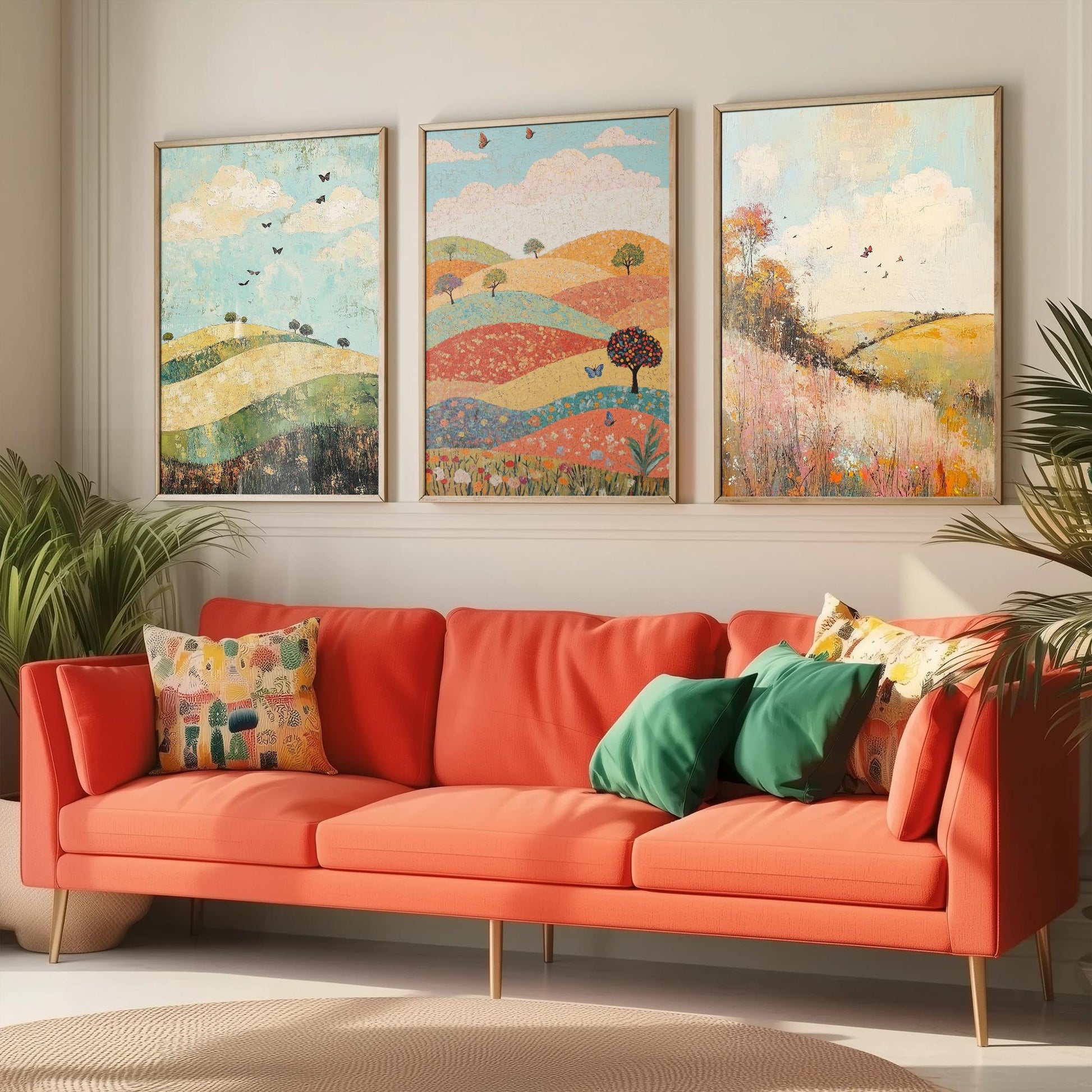 Rolling Hills Butterfly Set of Three Art Prints - Pistachio Mahogany and Breeze - Folk Meadow Poster Illustration Gift