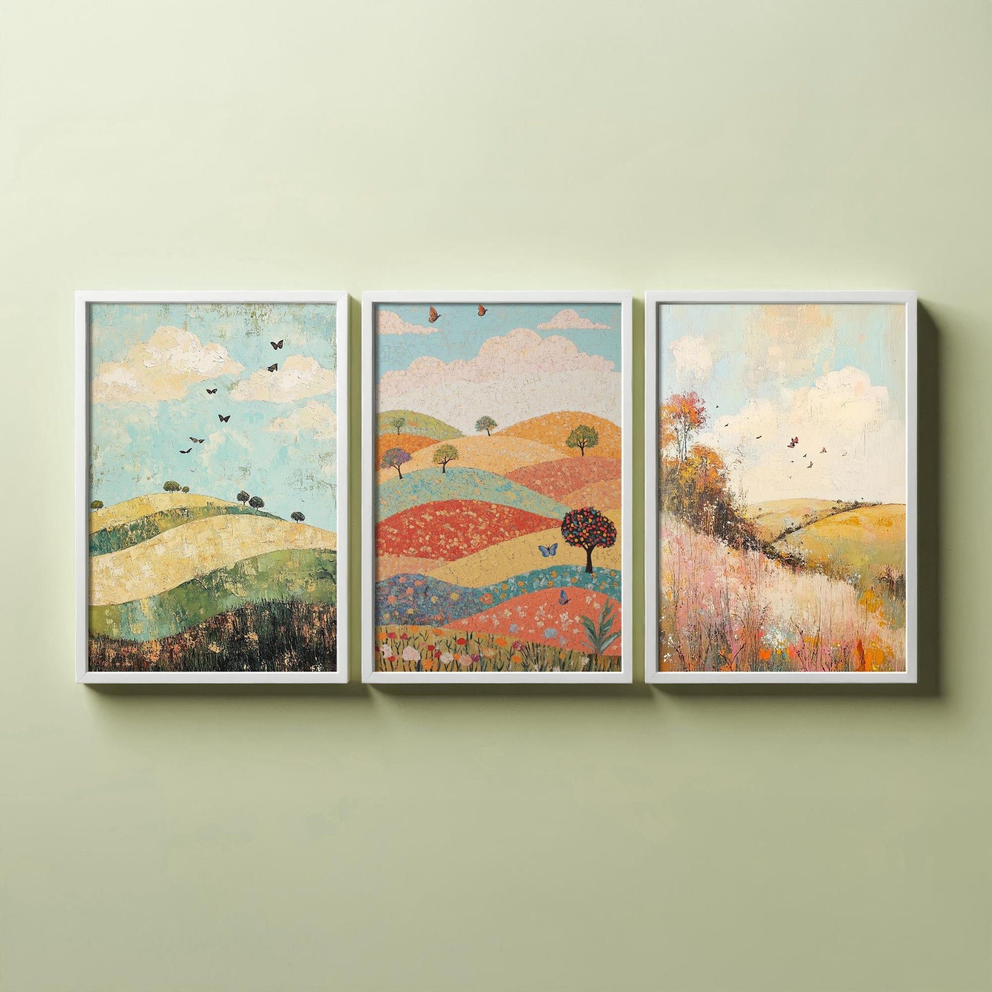 Rolling Hills Butterfly Set of Three Art Prints - Pistachio Mahogany and Breeze - Folk Meadow Poster Illustration Gift