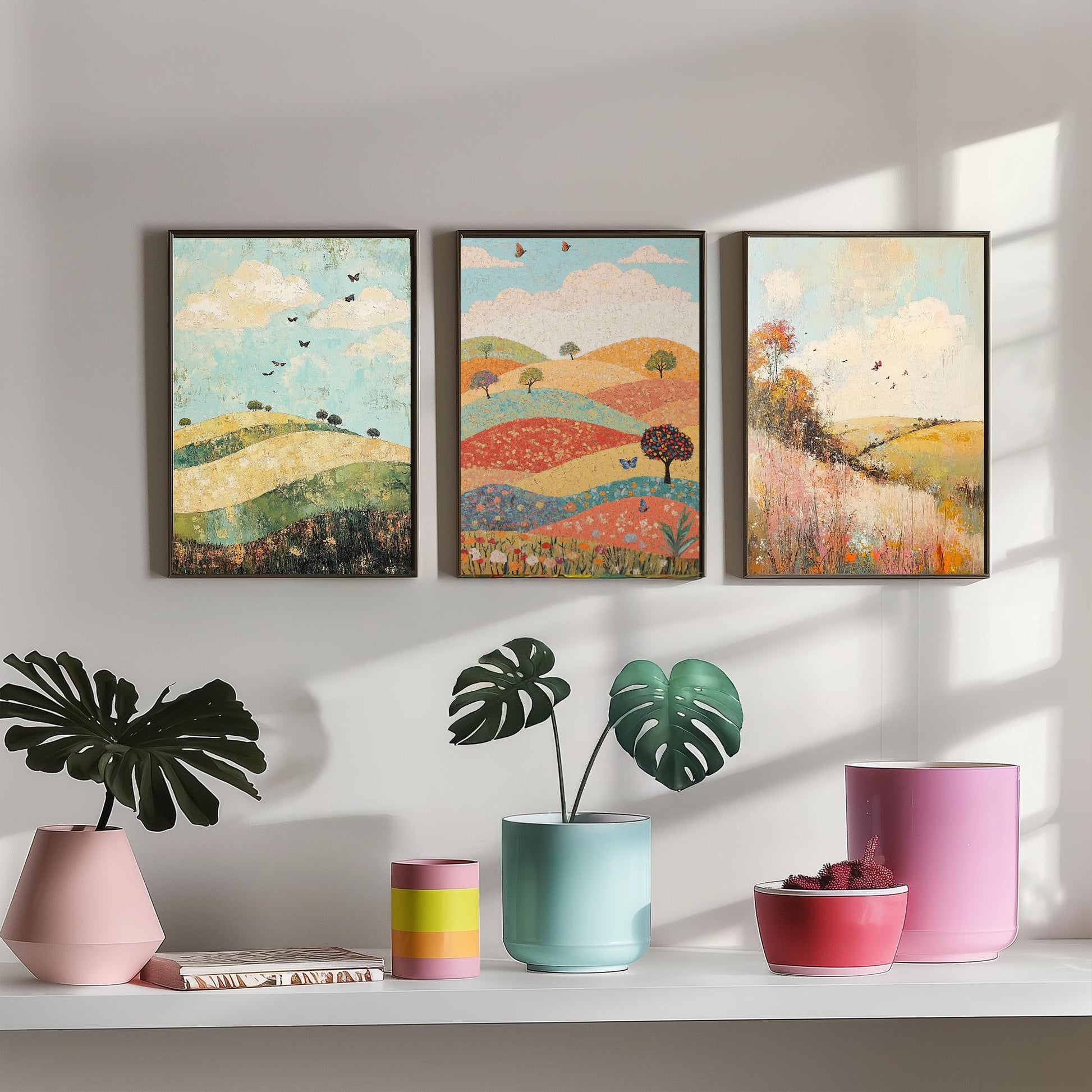 Rolling Hills Butterfly Set of Three Art Prints - Pistachio Mahogany and Breeze - Folk Meadow Poster Illustration Gift