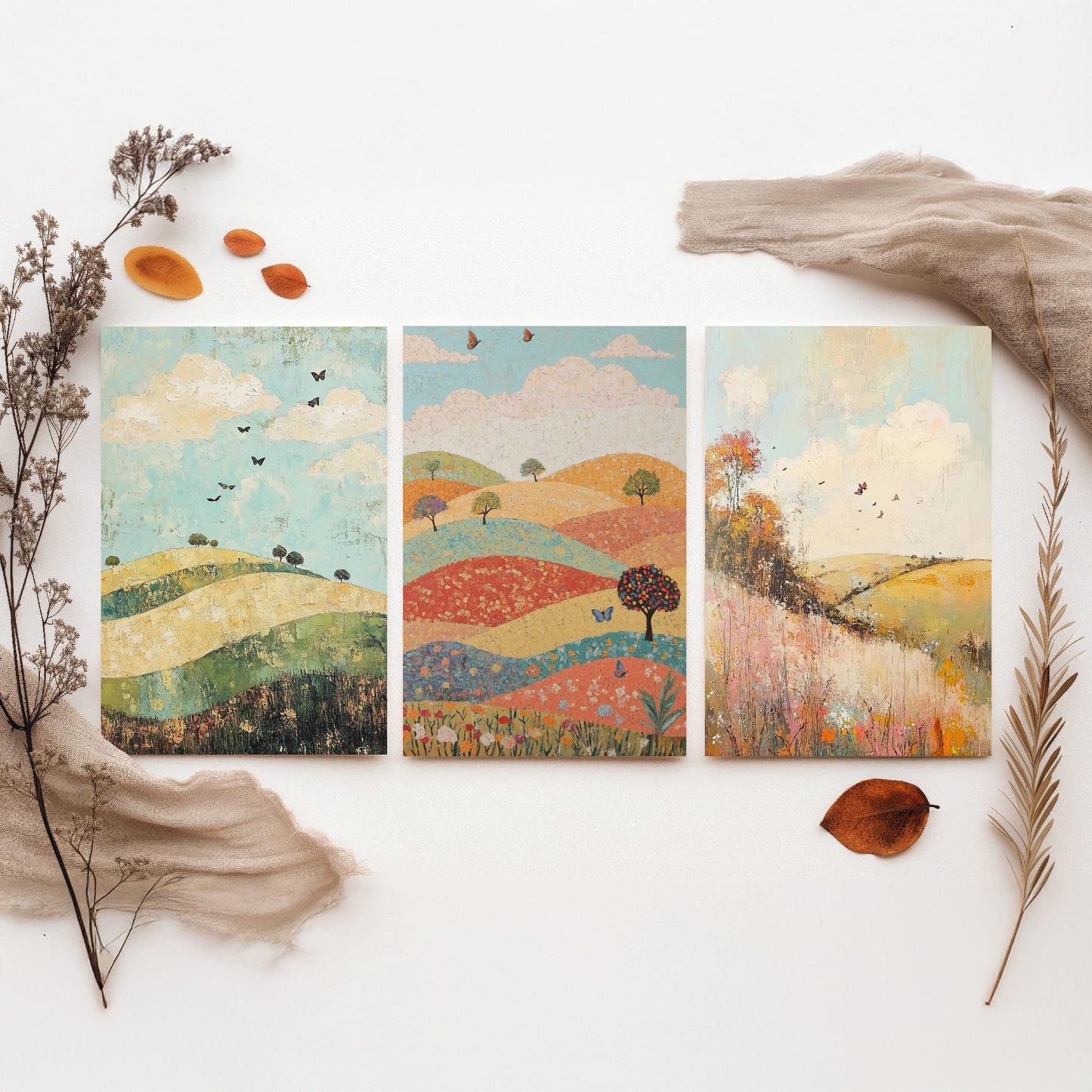 Rolling Hills Butterfly Set of Three Art Prints - Pistachio Mahogany and Breeze - Folk Meadow Poster Illustration Gift