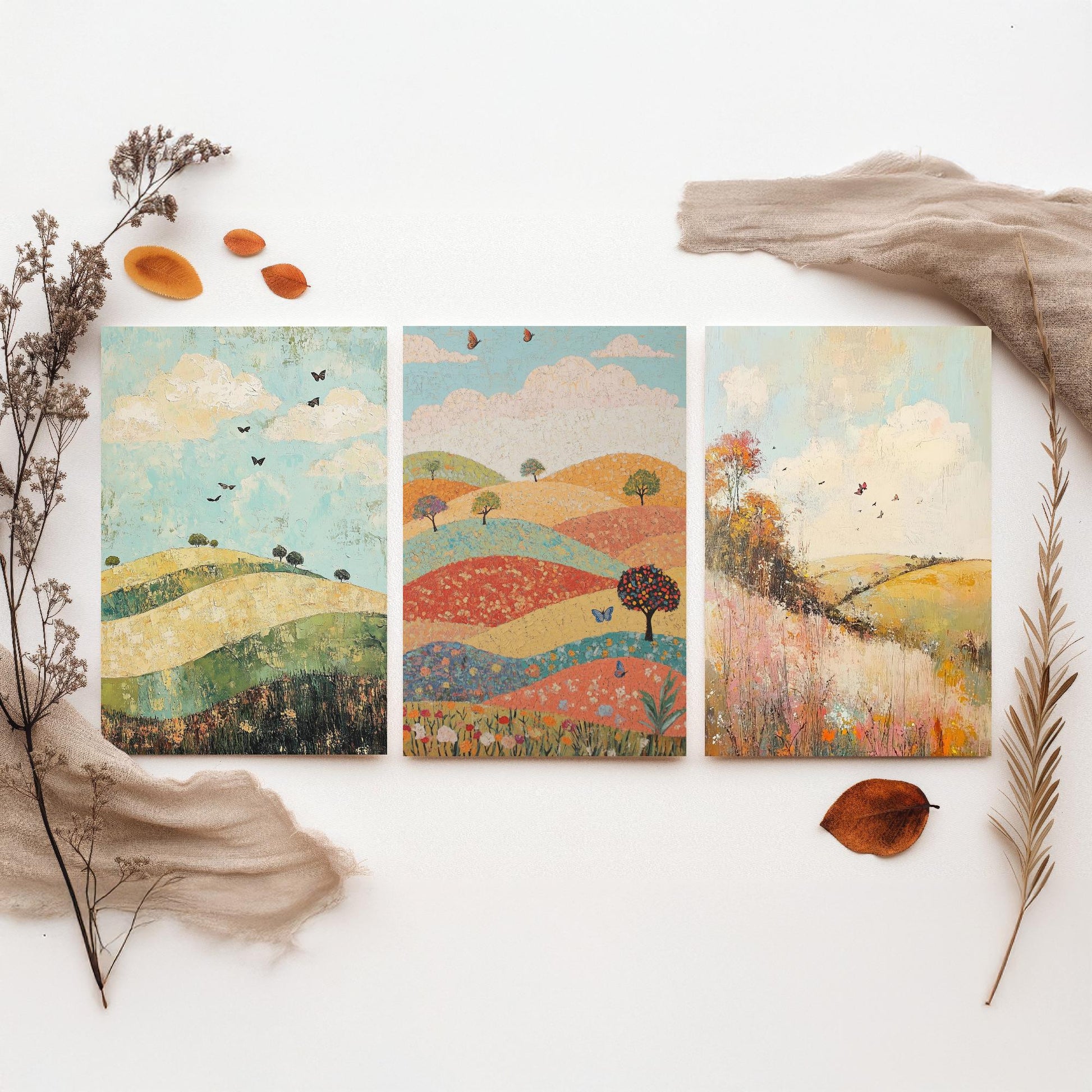 Rolling Hills Butterfly Set of Three Art Prints - Pistachio Mahogany and Breeze - Folk Meadow Poster Illustration Gift