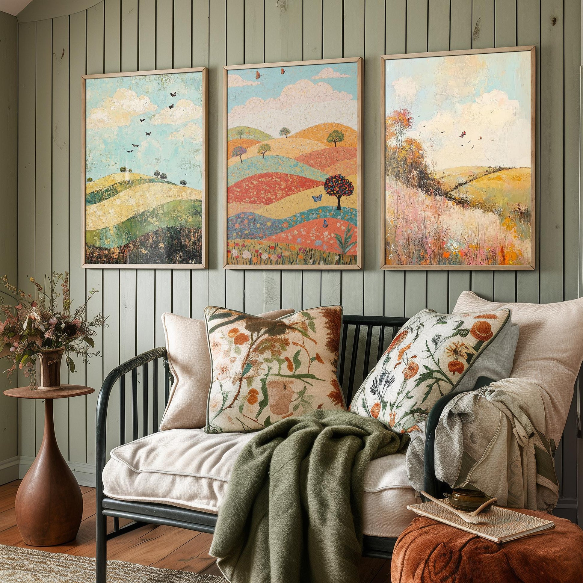 Rolling Hills Butterfly Set of Three Art Prints - Pistachio Mahogany and Breeze - Folk Meadow Poster Illustration Gift