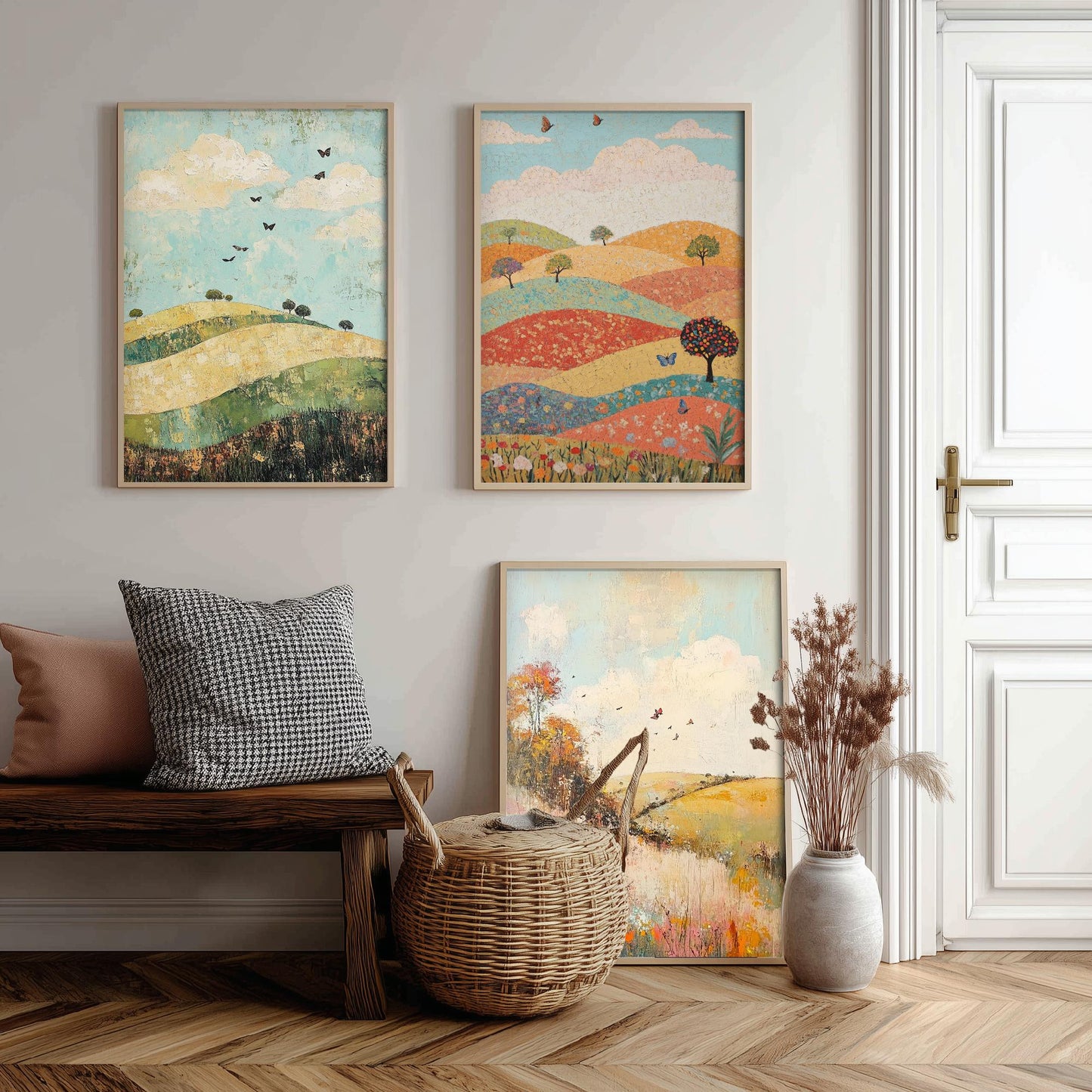 Rolling Hills Butterfly Set of Three Art Prints - Pistachio Mahogany and Breeze - Folk Meadow Poster Illustration Gift