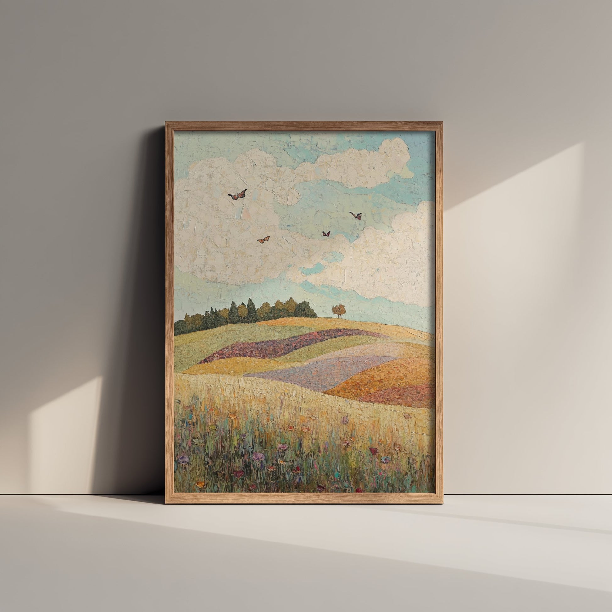 Rolling Hills Landscape Art Print - Butterfly Meadow Poster - Folk Art Painting - Pistachio Plum and Slate 1/3
