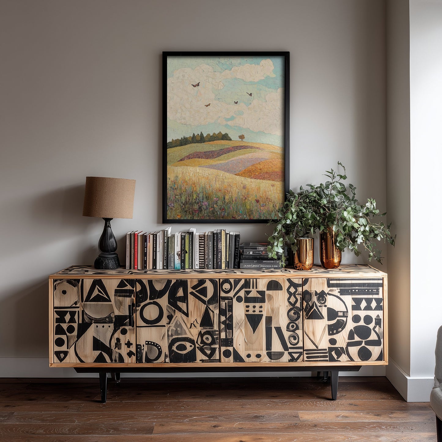 Rolling Hills Landscape Art Print - Butterfly Meadow Poster - Folk Art Painting - Pistachio Plum and Slate 1/3