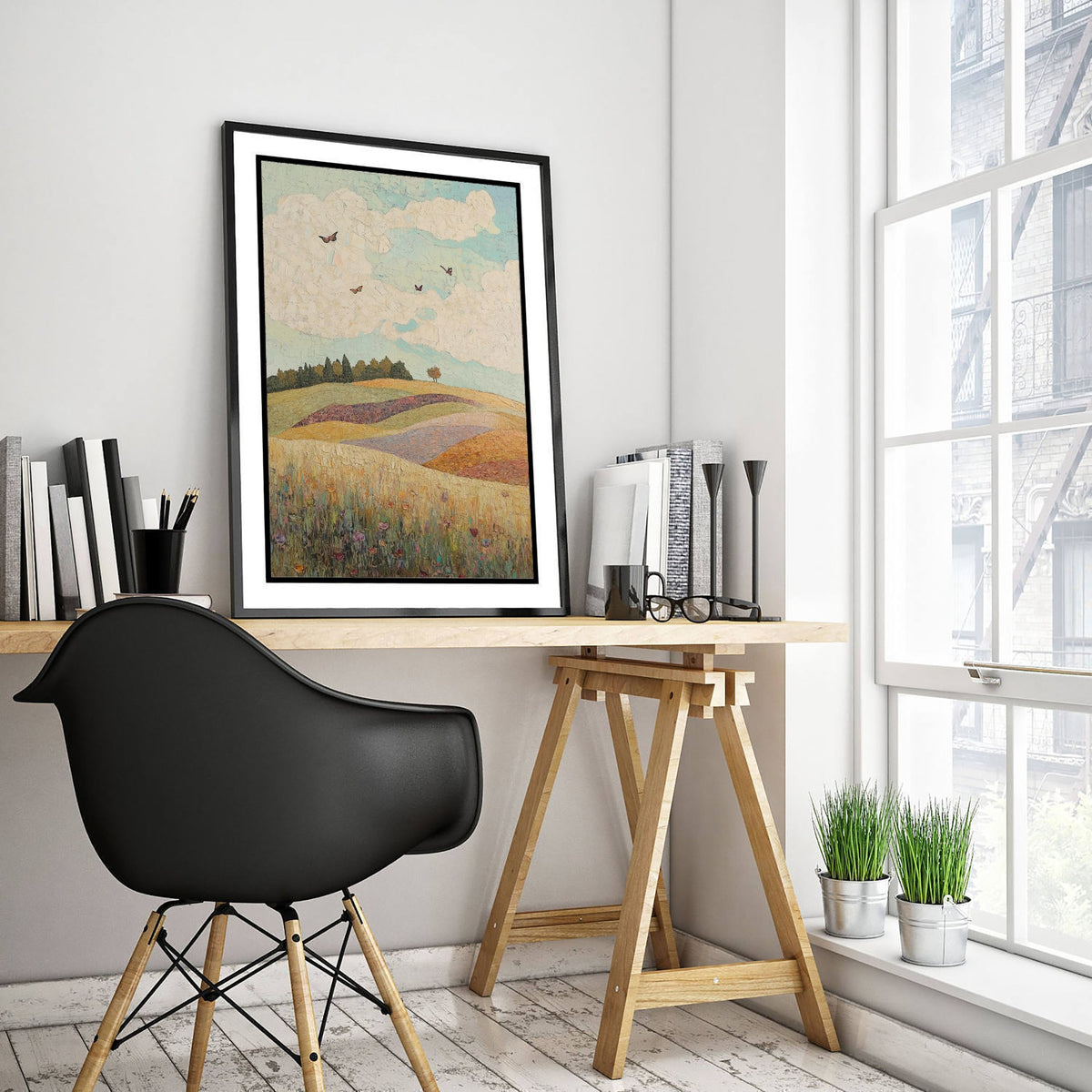 Rolling Hills Landscape Art Print - Butterfly Meadow Poster - Folk Art Painting - Pistachio Plum and Slate 1/3
