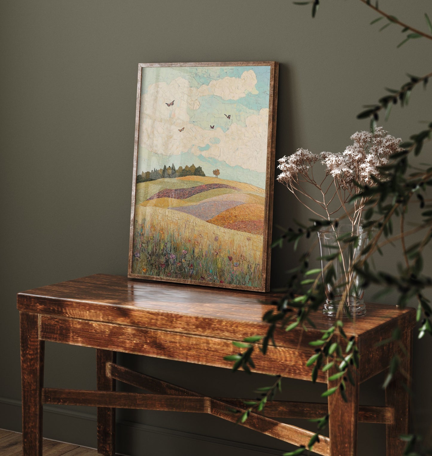 Rolling Hills Landscape Art Print - Butterfly Meadow Poster - Folk Art Painting - Pistachio Plum and Slate 1/3