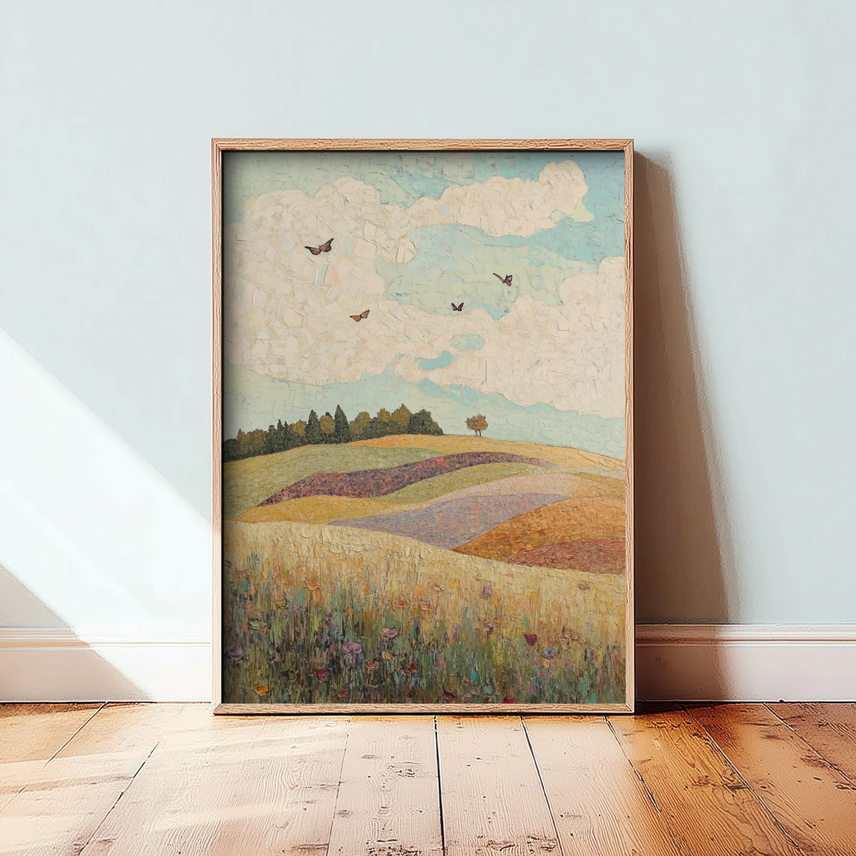 Rolling Hills Landscape Art Print - Butterfly Meadow Poster - Folk Art Painting - Pistachio Plum and Slate 1/3