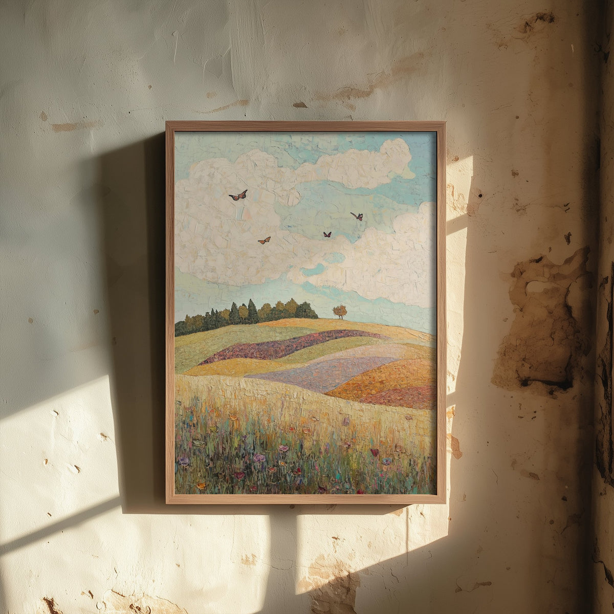 Rolling Hills Landscape Art Print - Butterfly Meadow Poster - Folk Art Painting - Pistachio Plum and Slate 1/3
