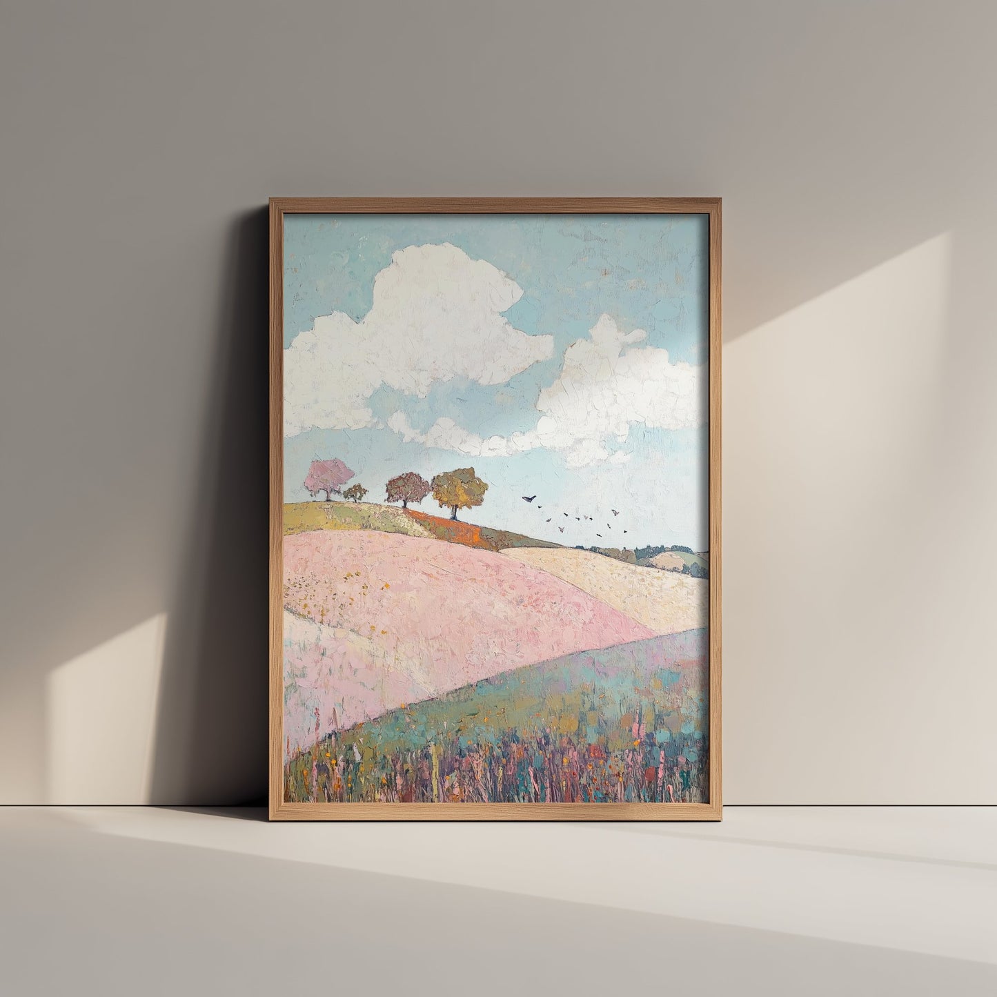 Rolling Hills Landscape Art Print - Butterfly Meadow Poster - Folk Art Painting - Pistachio Plum and Slate 2/3