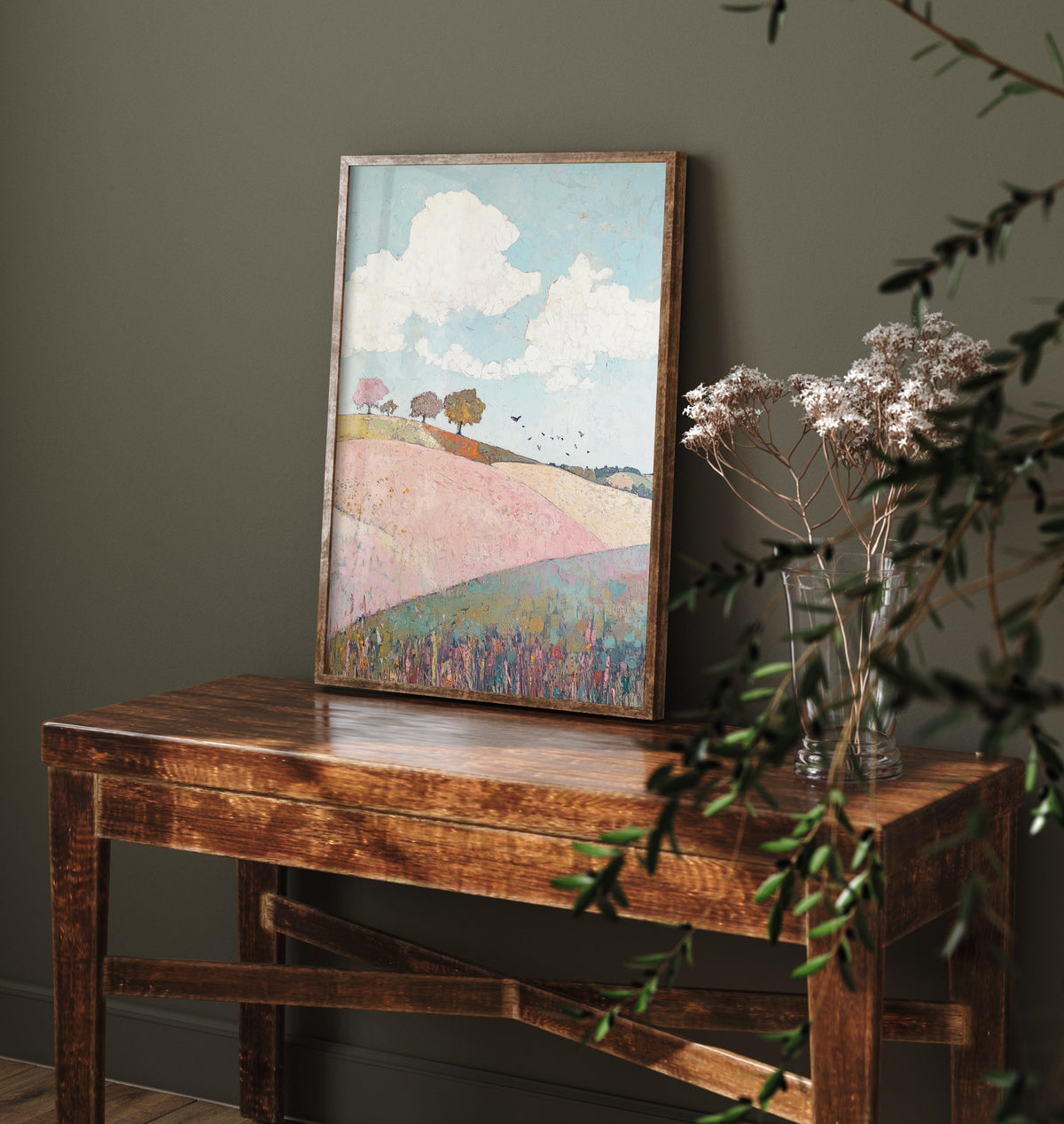 Rolling Hills Landscape Art Print - Butterfly Meadow Poster - Folk Art Painting - Pistachio Plum and Slate 2/3