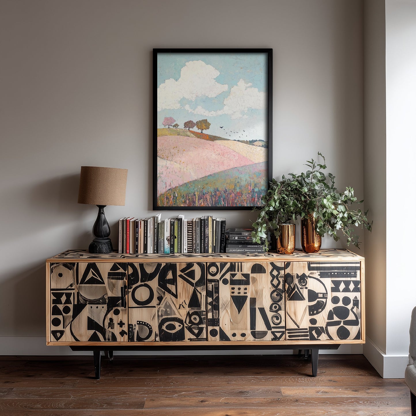 Rolling Hills Landscape Art Print - Butterfly Meadow Poster - Folk Art Painting - Pistachio Plum and Slate 2/3