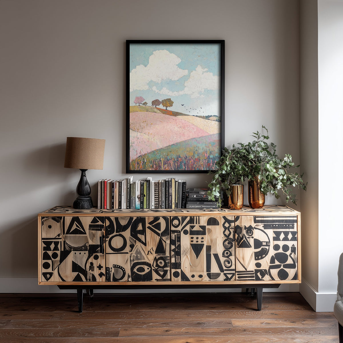 Rolling Hills Landscape Art Print - Butterfly Meadow Poster - Folk Art Painting - Pistachio Plum and Slate 2/3