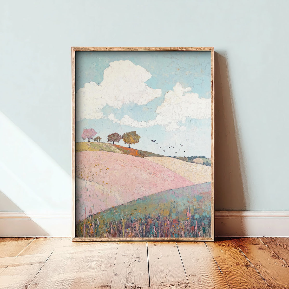 Rolling Hills Landscape Art Print - Butterfly Meadow Poster - Folk Art Painting - Pistachio Plum and Slate 2/3