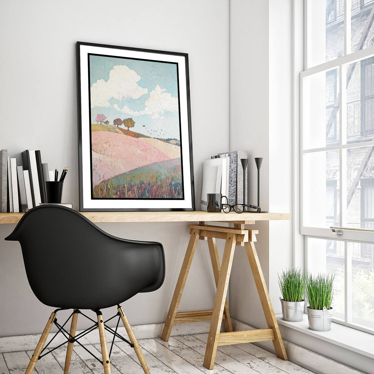 Rolling Hills Landscape Art Print - Butterfly Meadow Poster - Folk Art Painting - Pistachio Plum and Slate 2/3