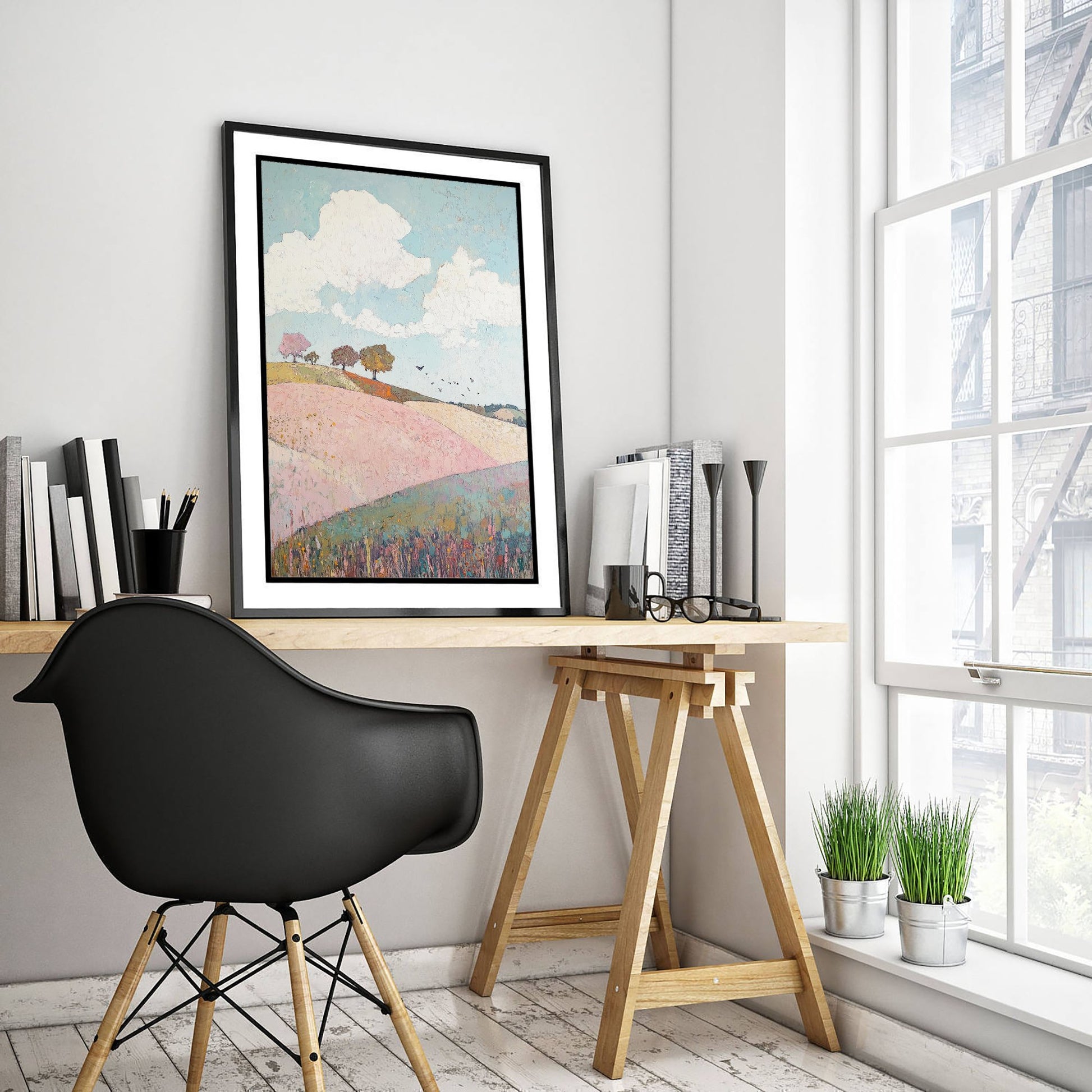 Rolling Hills Landscape Art Print - Butterfly Meadow Poster - Folk Art Painting - Pistachio Plum and Slate 2/3