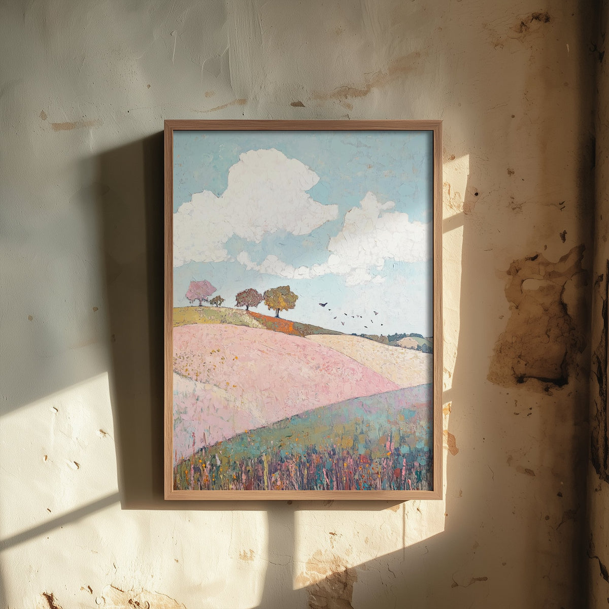 Rolling Hills Landscape Art Print - Butterfly Meadow Poster - Folk Art Painting - Pistachio Plum and Slate 2/3
