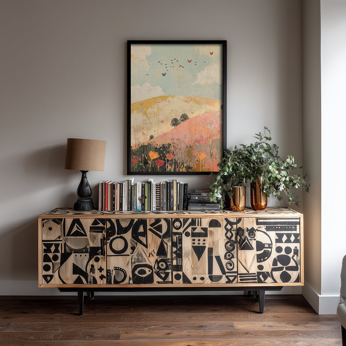 Rolling Hills Landscape Art Print - Butterfly Meadow Poster - Folk Art Painting - Pistachio Plum and Slate 3/3