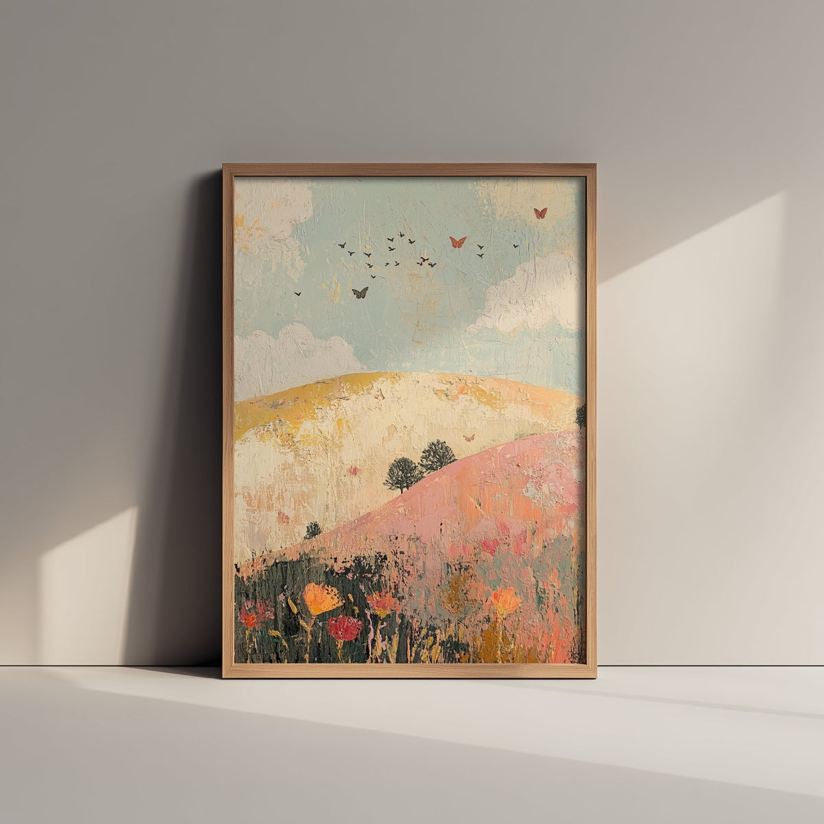 Rolling Hills Landscape Art Print - Butterfly Meadow Poster - Folk Art Painting - Pistachio Plum and Slate 3/3