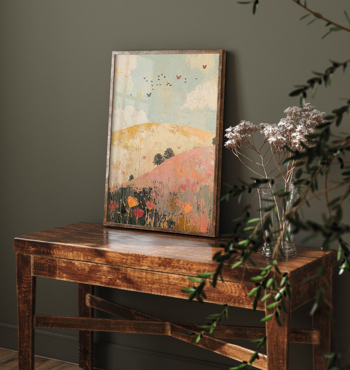 Rolling Hills Landscape Art Print - Butterfly Meadow Poster - Folk Art Painting - Pistachio Plum and Slate 3/3