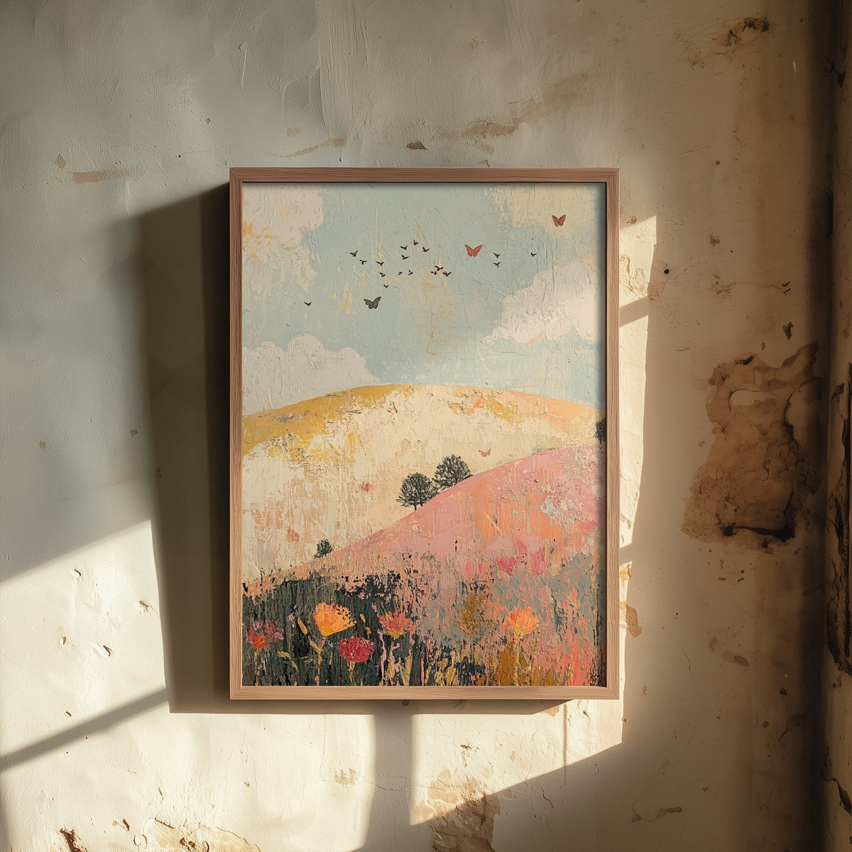 Rolling Hills Landscape Art Print - Butterfly Meadow Poster - Folk Art Painting - Pistachio Plum and Slate 3/3