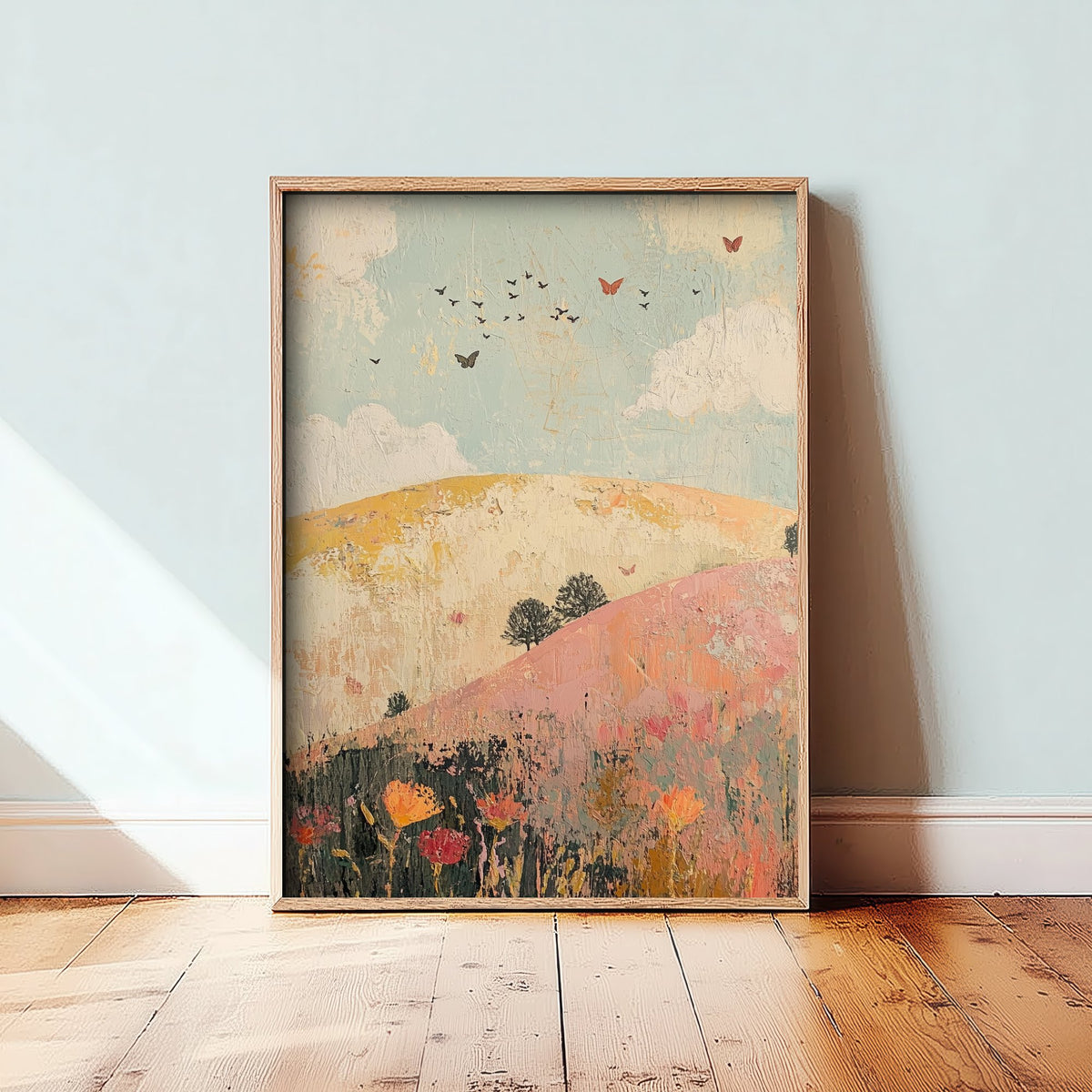 Rolling Hills Landscape Art Print - Butterfly Meadow Poster - Folk Art Painting - Pistachio Plum and Slate 3/3