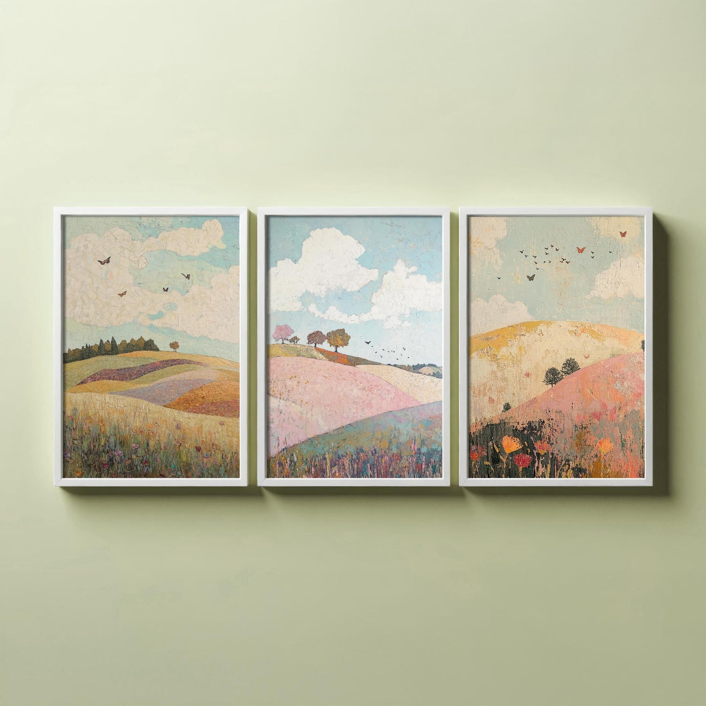Rolling Hills Butterfly Set of Three Art Prints - Pistachio Plum and Slate - Folk Meadow Poster Illustration Gift