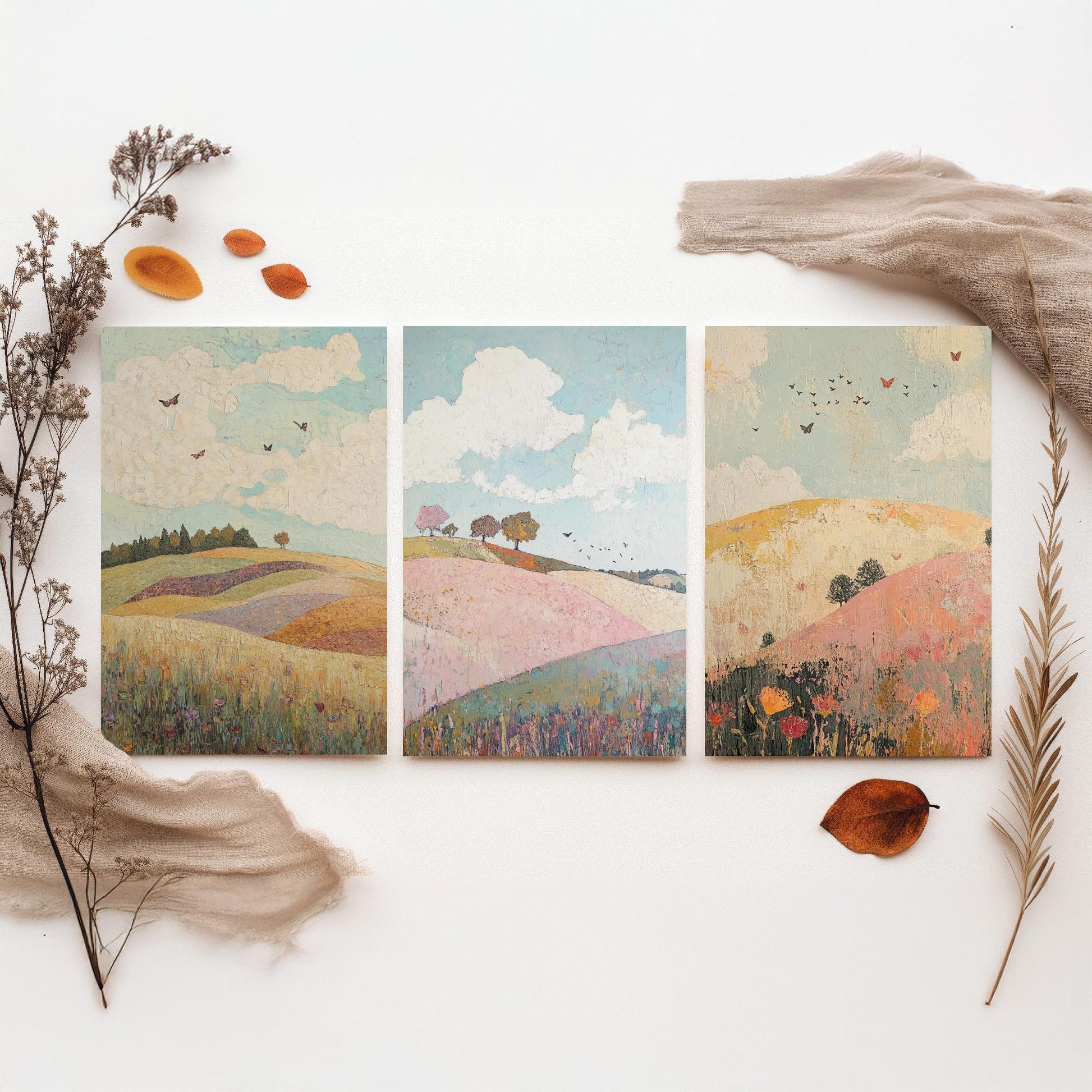 Rolling Hills Butterfly Set of Three Art Prints - Pistachio Plum and Slate - Folk Meadow Poster Illustration Gift