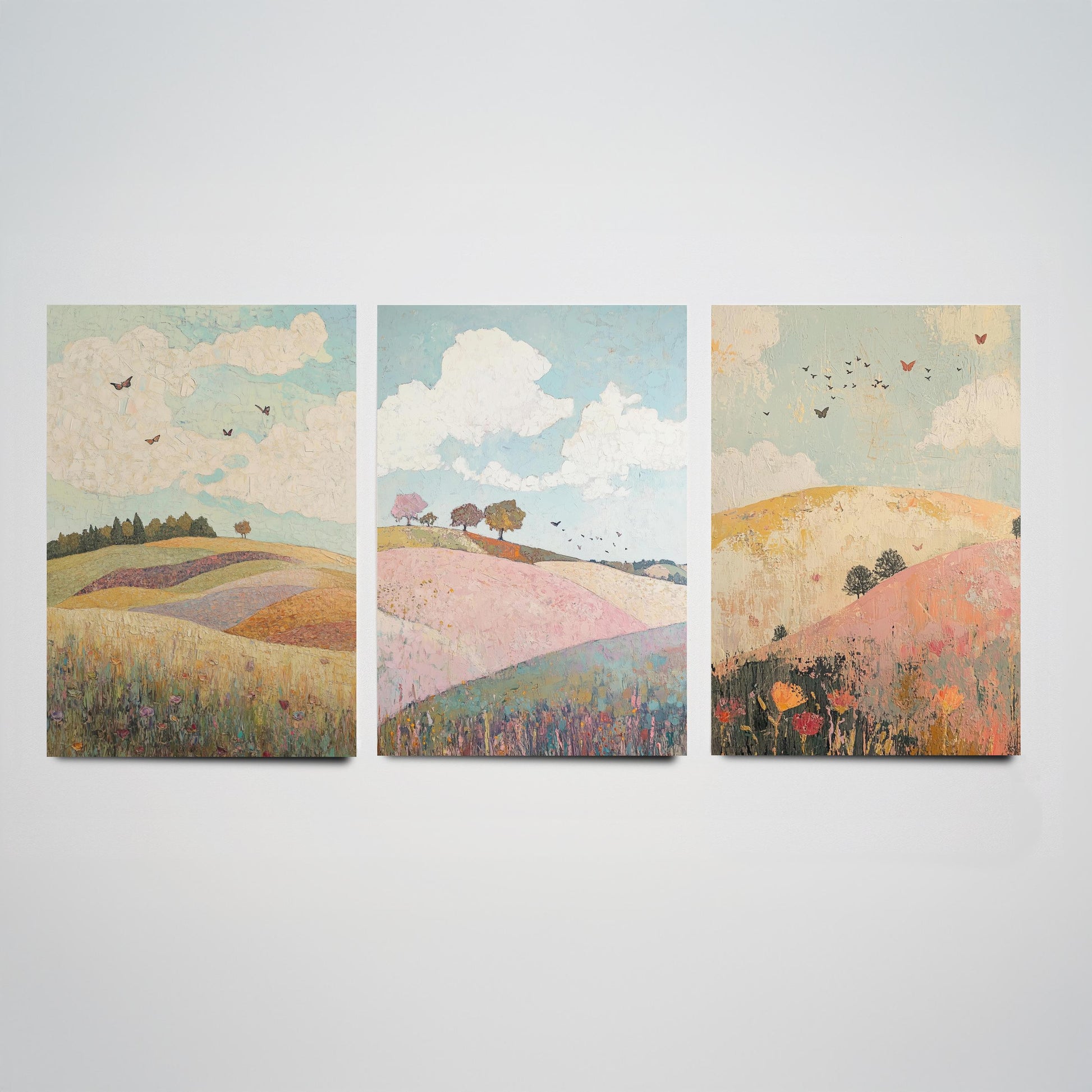 Rolling Hills Butterfly Set of Three Art Prints - Pistachio Plum and Slate - Folk Meadow Poster Illustration Gift