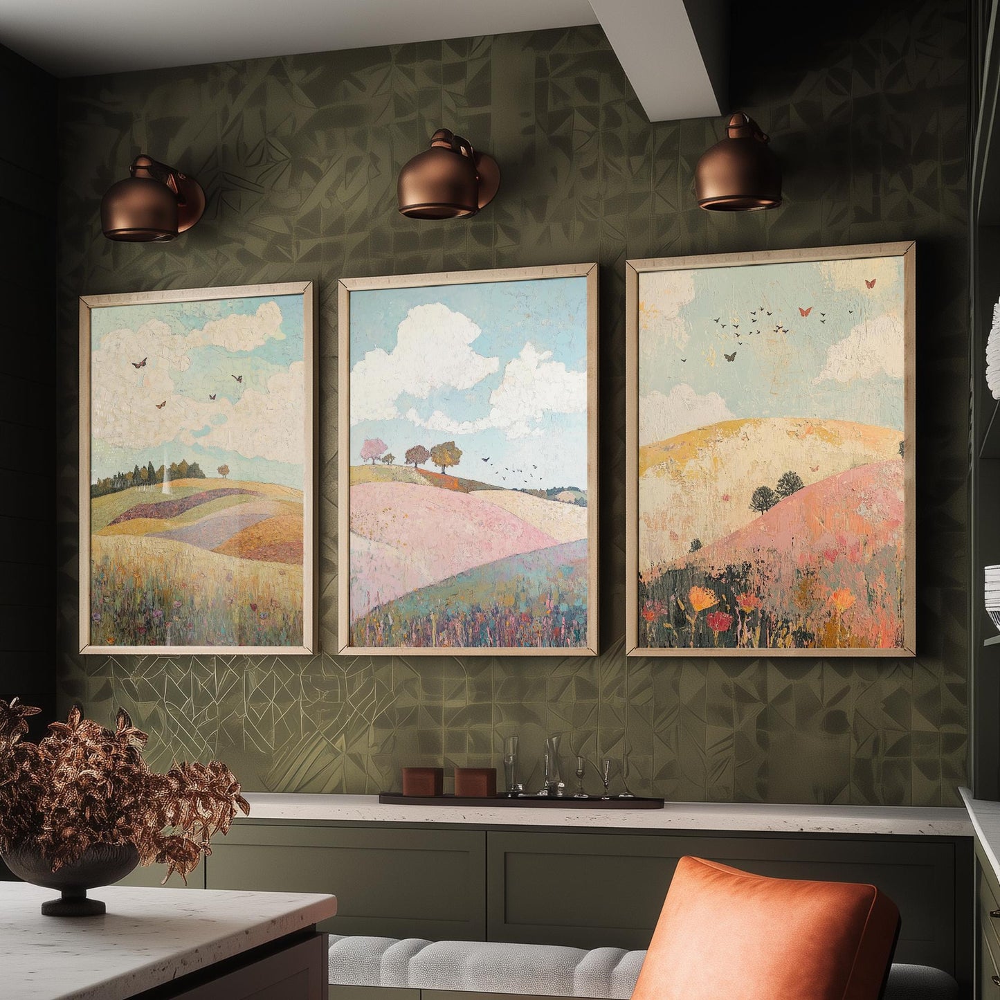 Rolling Hills Butterfly Set of Three Art Prints - Pistachio Plum and Slate - Folk Meadow Poster Illustration Gift