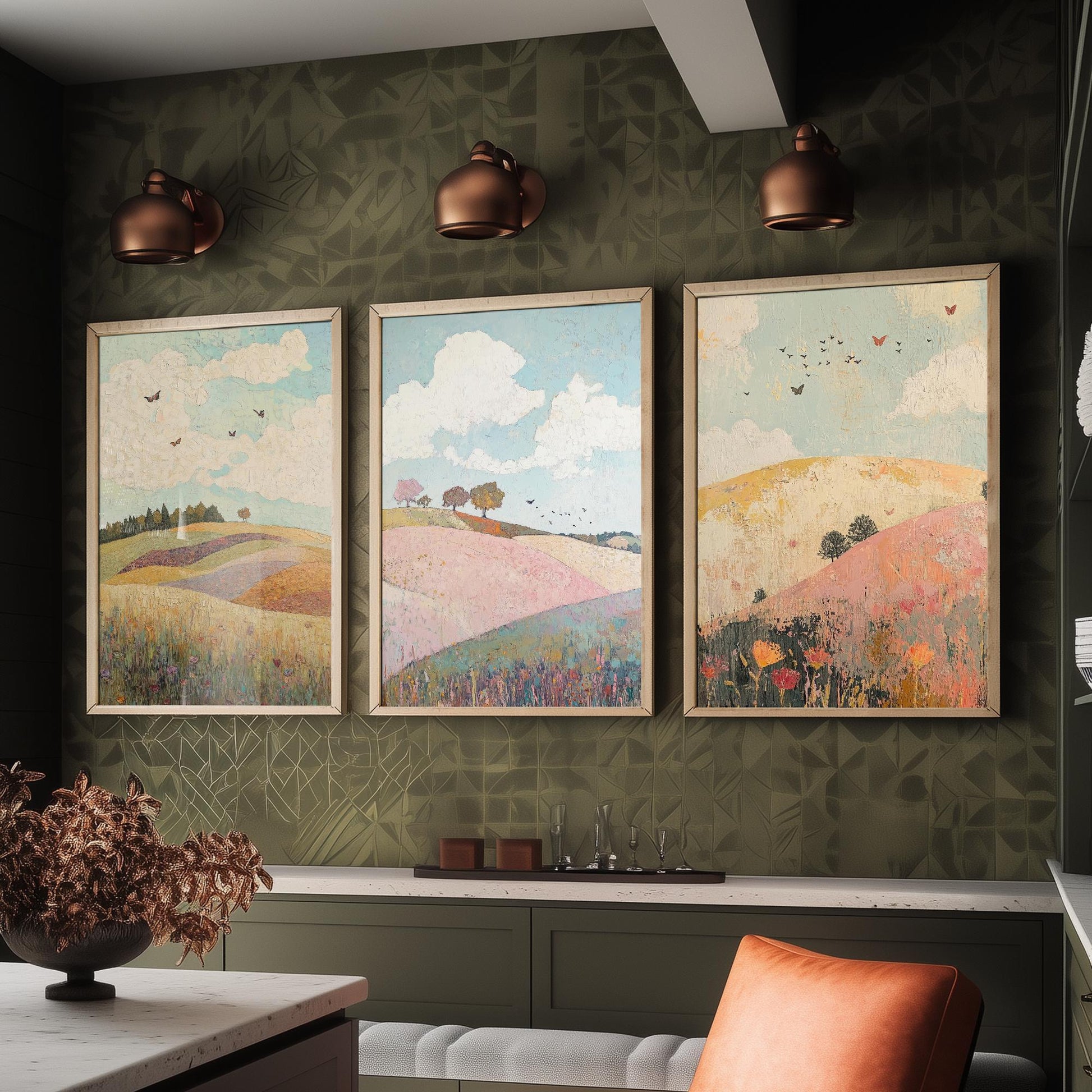 Rolling Hills Butterfly Set of Three Art Prints - Pistachio Plum and Slate - Folk Meadow Poster Illustration Gift