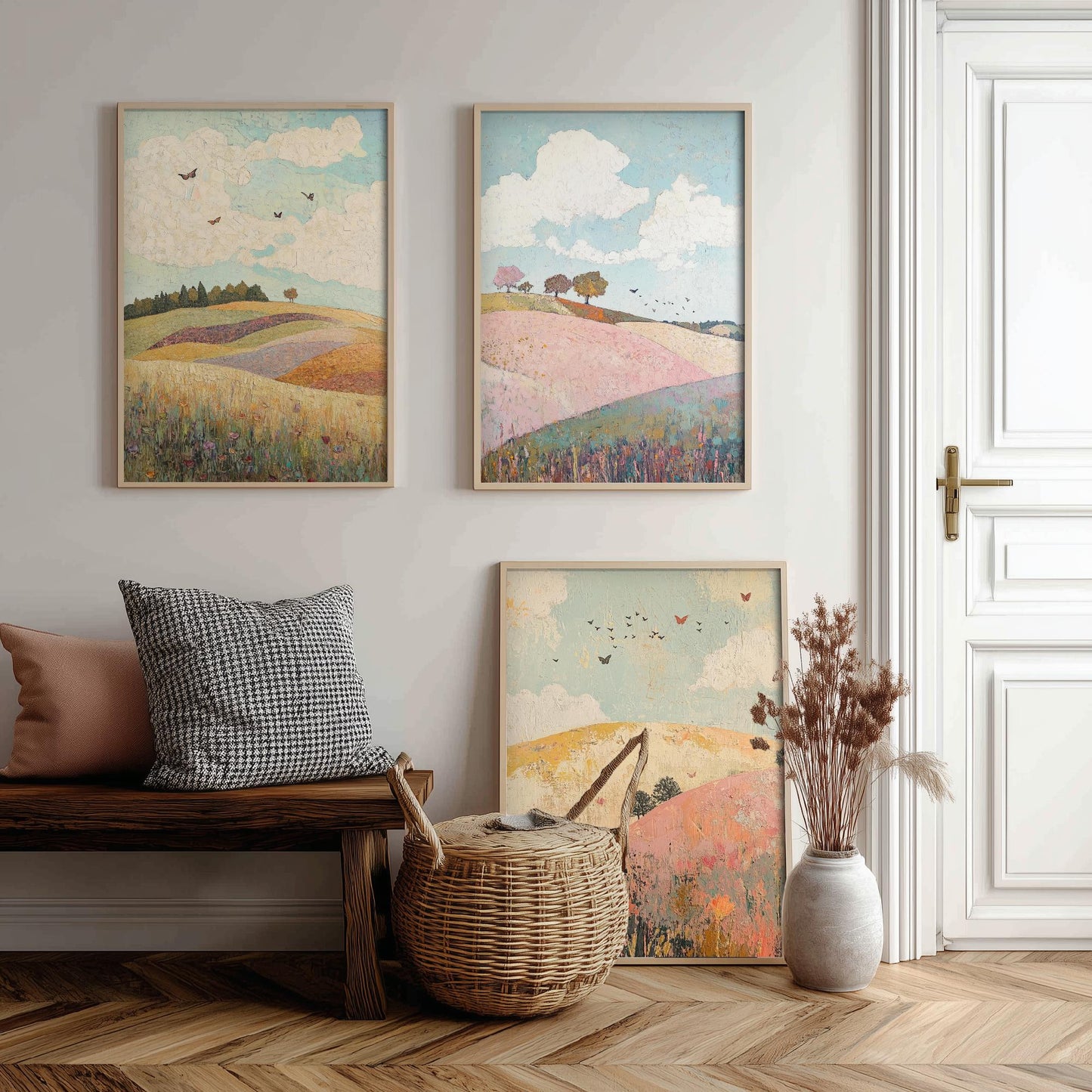Rolling Hills Butterfly Set of Three Art Prints - Pistachio Plum and Slate - Folk Meadow Poster Illustration Gift
