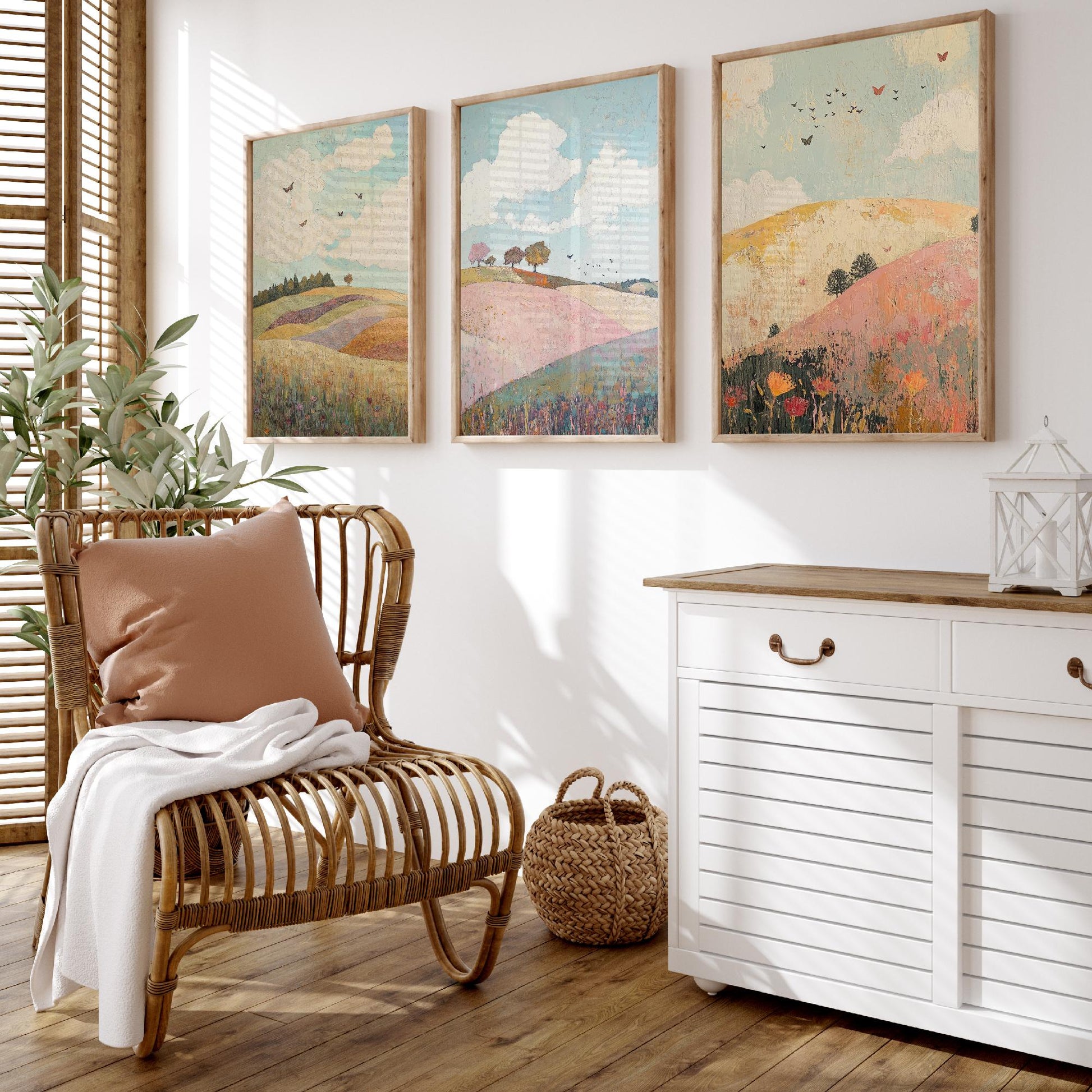 Rolling Hills Butterfly Set of Three Art Prints - Pistachio Plum and Slate - Folk Meadow Poster Illustration Gift